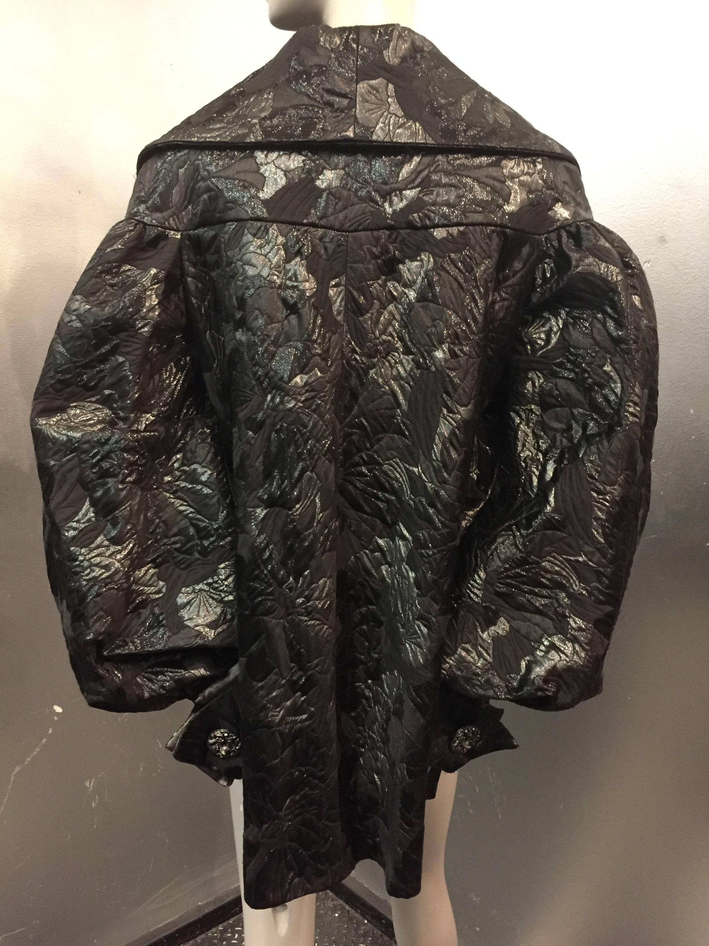 1980s Paul-Louis Orrier 1950s-Inspired Black and Gunmetal Brocade Swing Coat In Excellent Condition In Gresham, OR