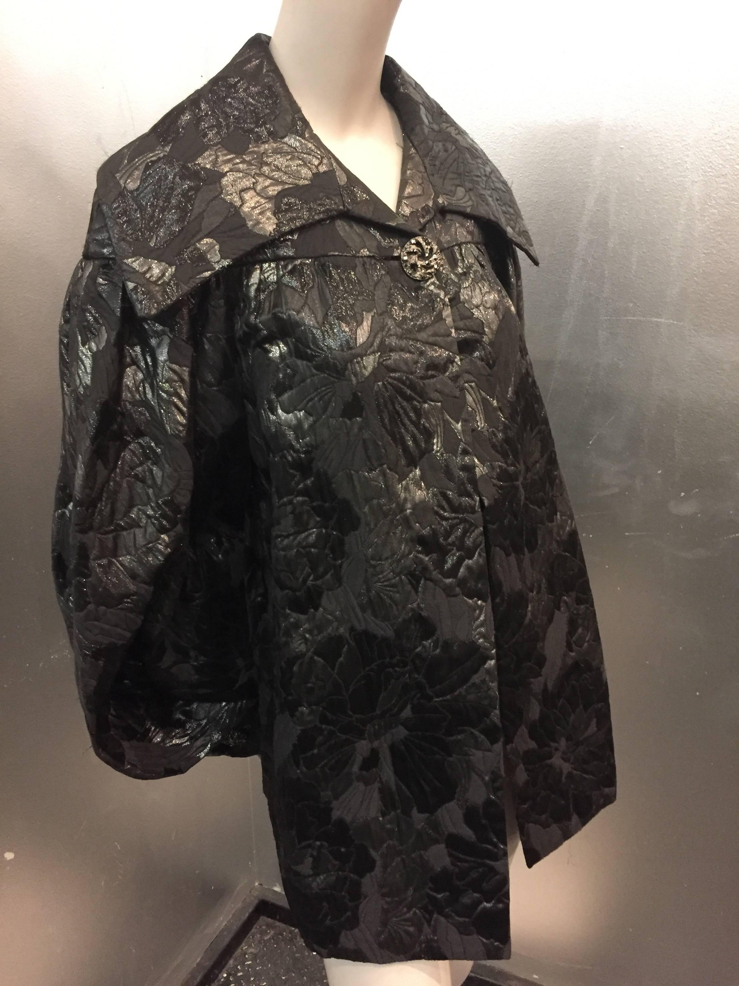 Women's 1980s Paul-Louis Orrier 1950s-Inspired Black and Gunmetal Brocade Swing Coat