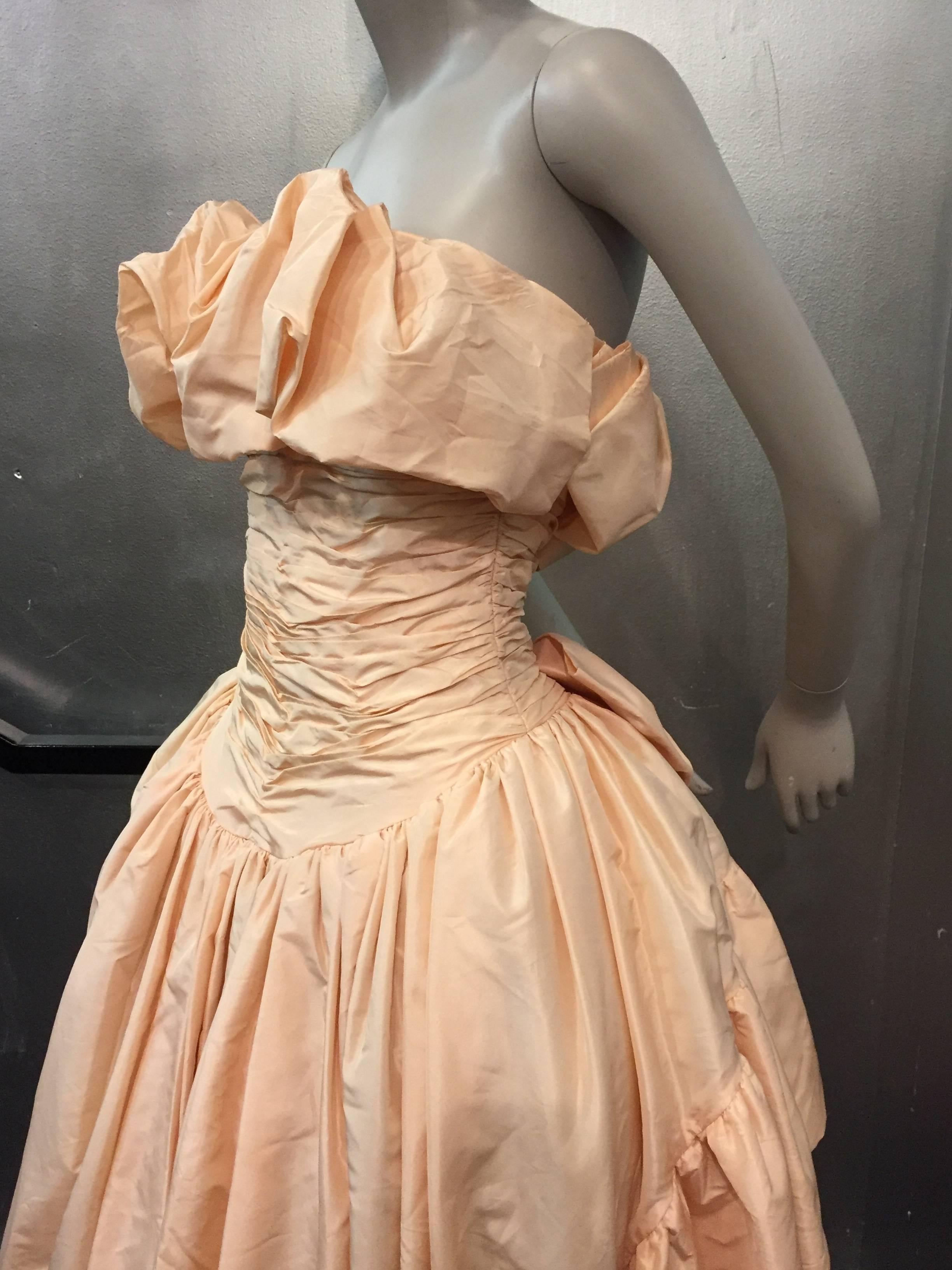 Beige 1980s Arnold Scaasi Shell Pink Tissue Silk Strapless Ruffled Ball Gown