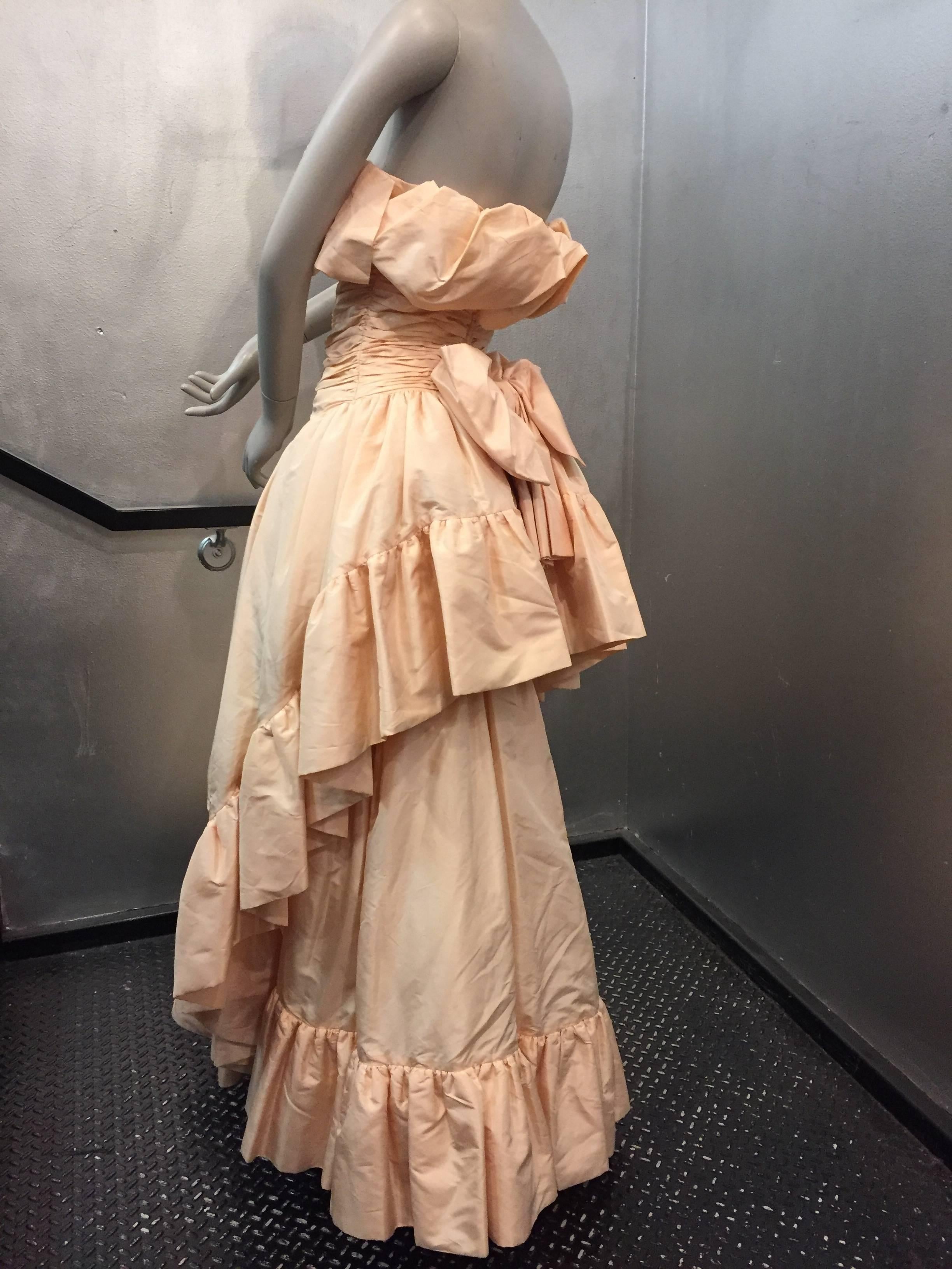 1980s Arnold Scaasi Shell Pink Tissue Silk Strapless Ruffled Ball Gown In Excellent Condition In Gresham, OR