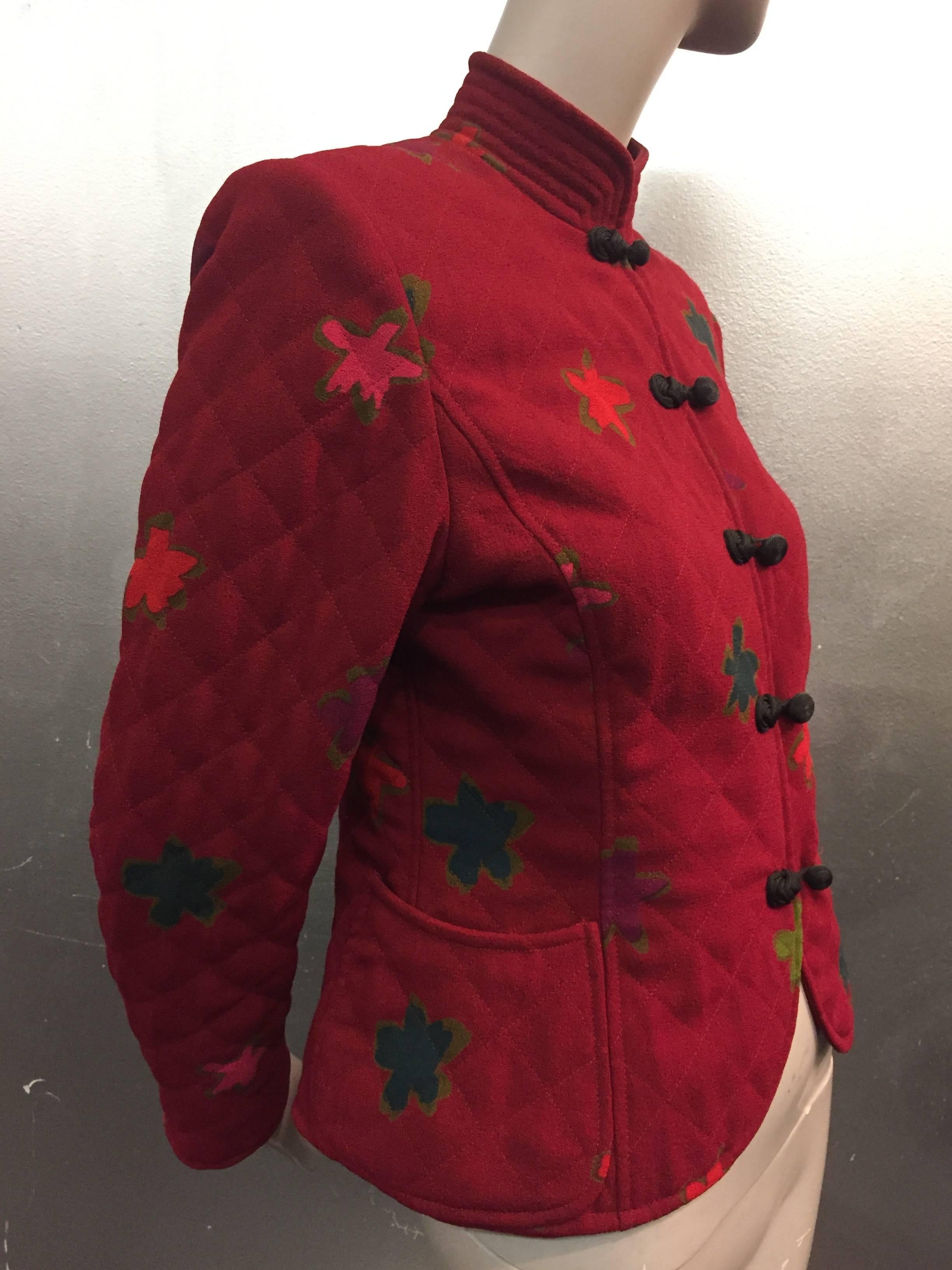 Red 1980s Ungaro Maroon Quilted Wool Crepe Nehru Jacket Flower Print