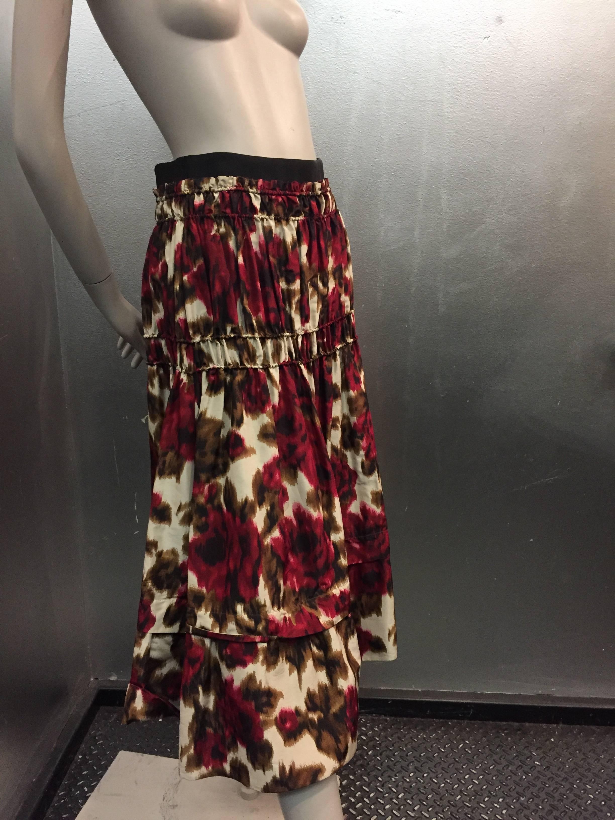 A gorgeous Derek Lam floral print silk moiré gather "peasant" style skirt. 