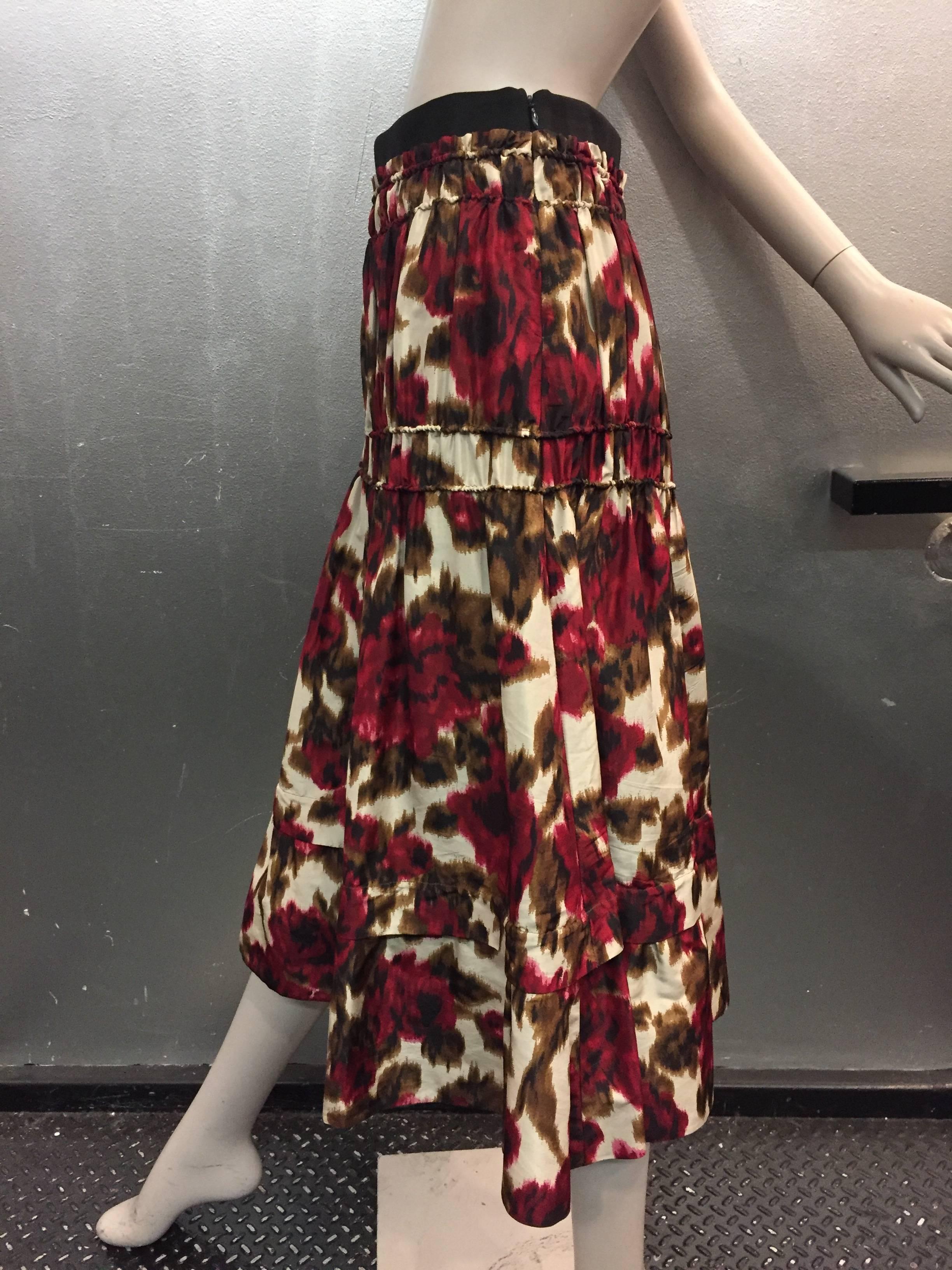 Brown Derek Lam Floral Print Silk Moiré Gathered Skirt