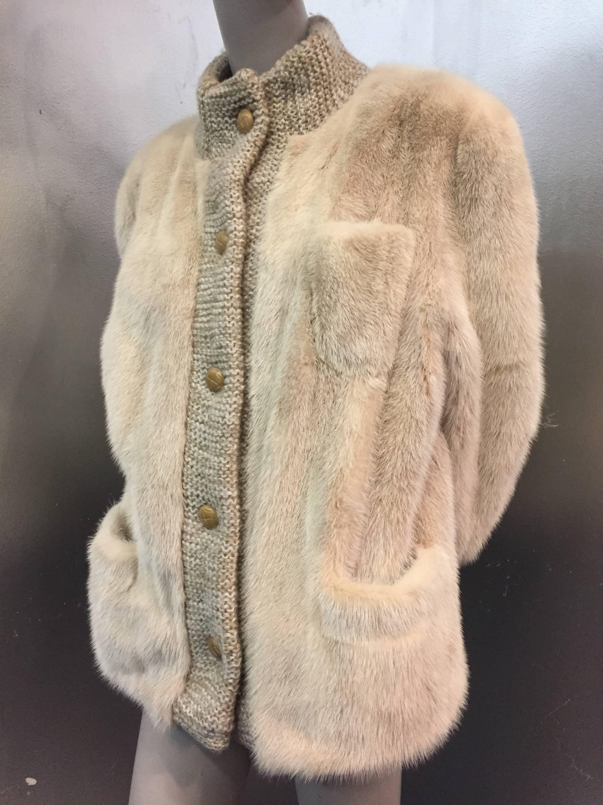 1980s Oscar de la Renta natural blonde mink cardigan jacket with chunky wool knit placket and cuffs.  Silk satin lined. Patch pockets at front and small breast pocket., 