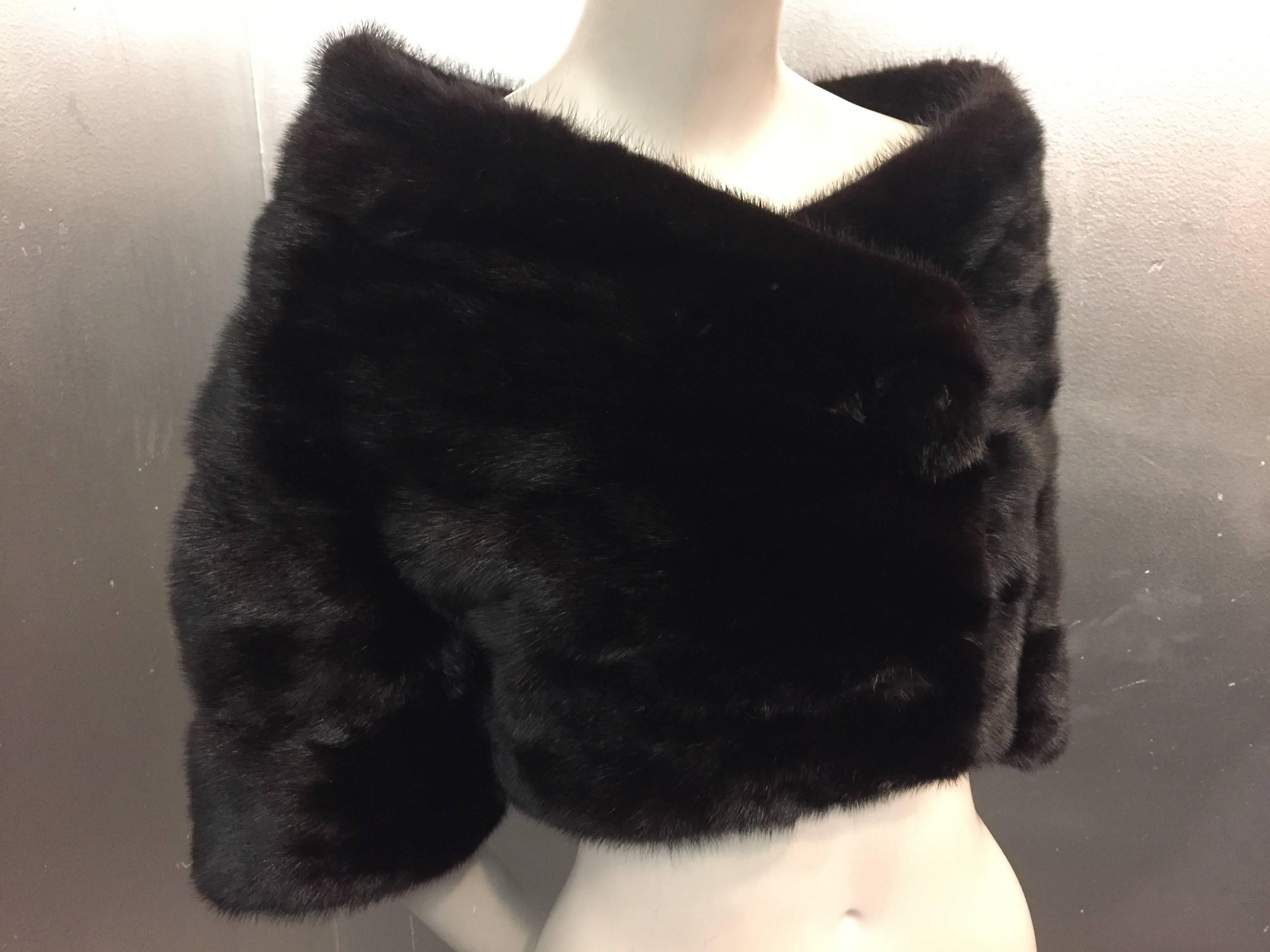 1960s Saks Black Mink Cropped Portrait Collar Evening Jacket and Matching Hat In Excellent Condition In Gresham, OR