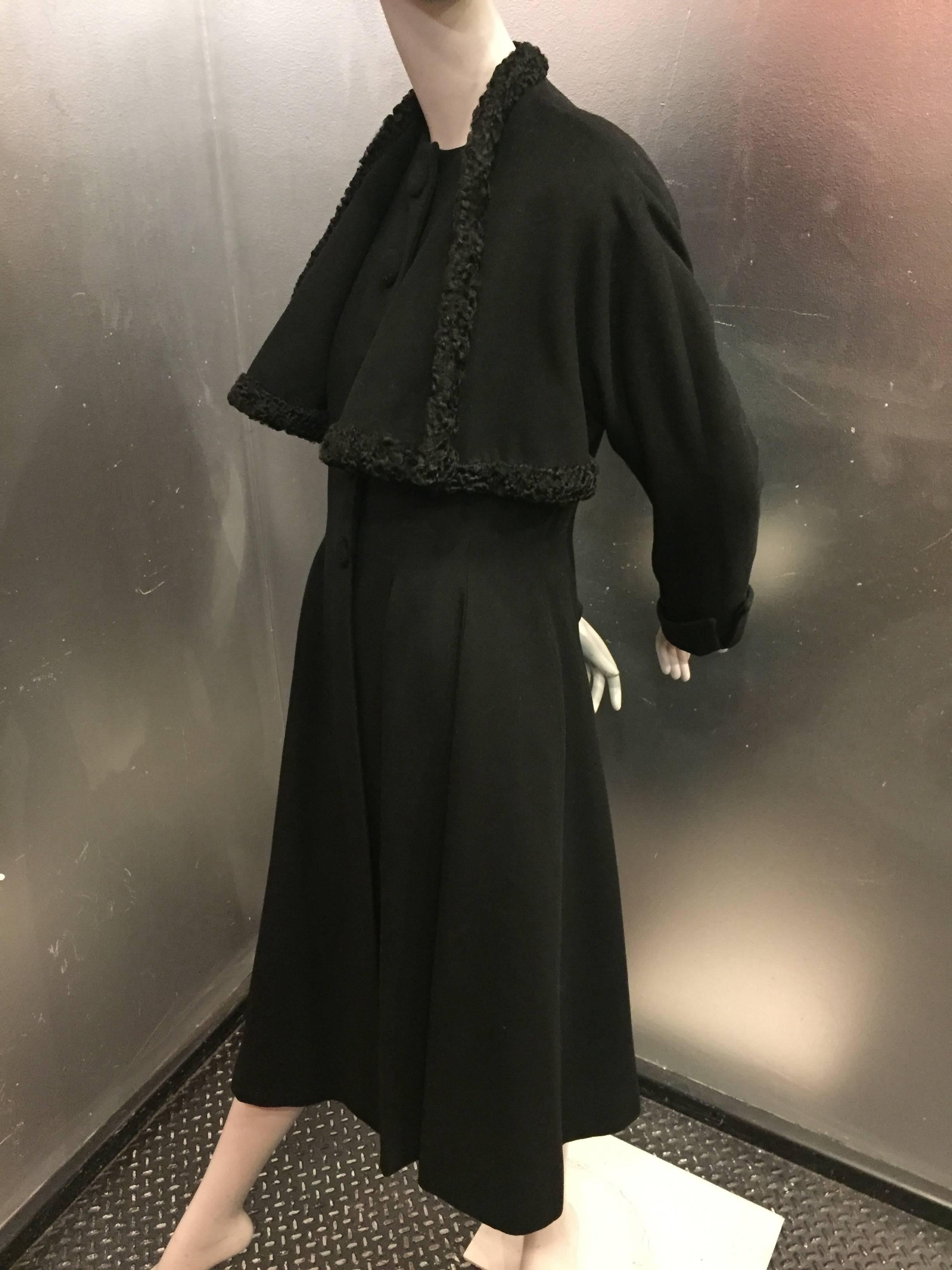 1950s Willi Black Wool Fit and Flair Coat w Drape Collar Trimmed in Persian Lamb 2