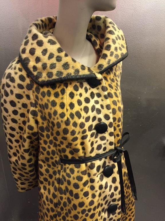 1960s Modela Faux Fur Jaguar Print Swing Coat w Leather Trim and Front
