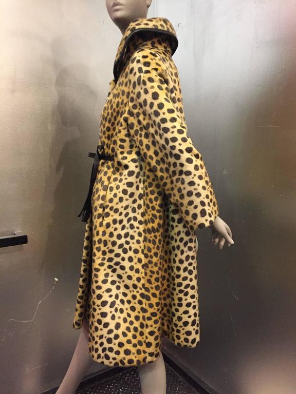 1960s Modela Faux Fur Jaguar Print Swing Coat w Leather Trim and Front