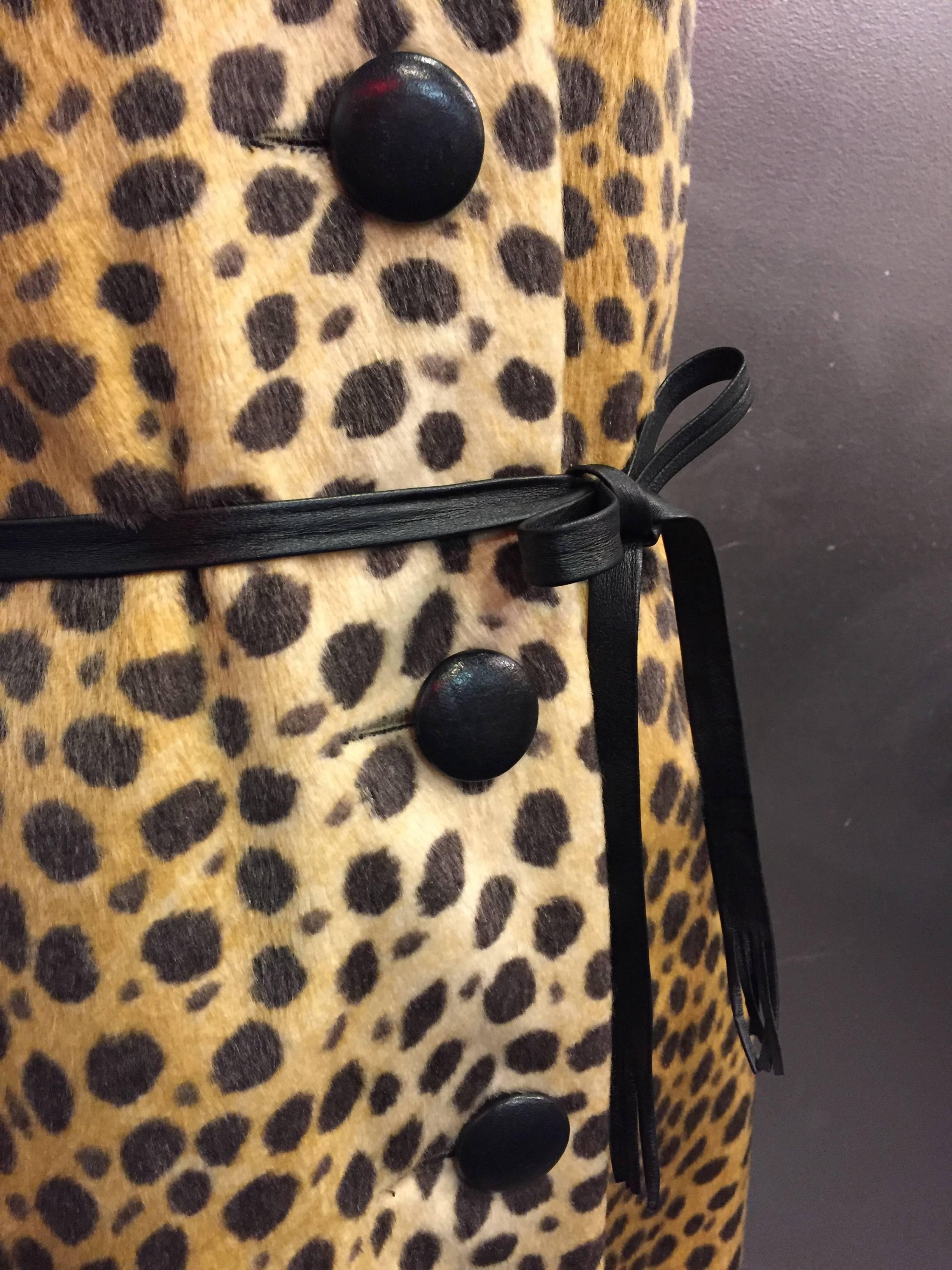 Brown 1960s Modela Faux Fur Jaguar Print Swing Coat w Leather Trim and Front Tie