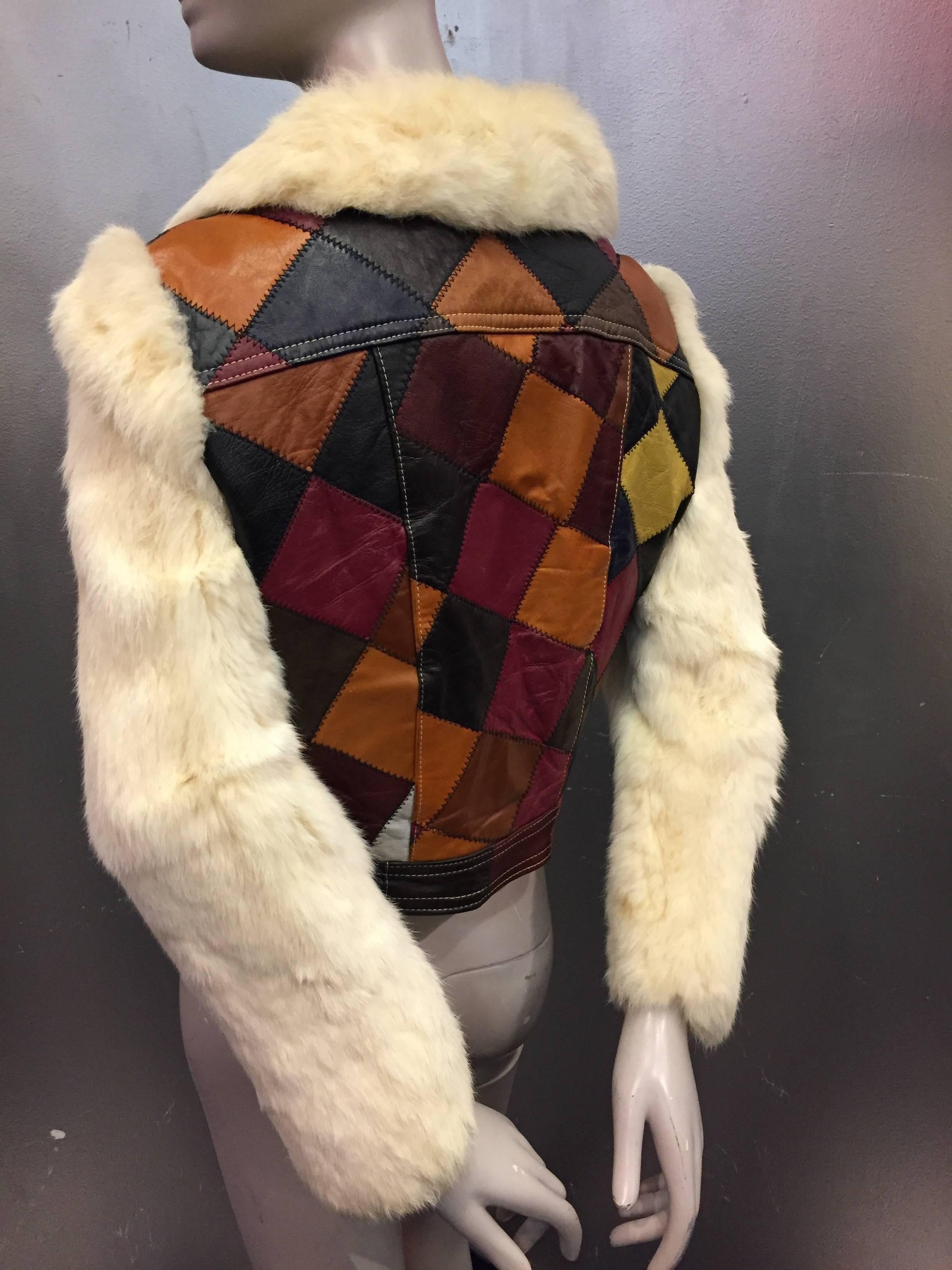 Women's or Men's 1970s White Rabbit and Multicolor Leather Patchwork Cropped Jacket