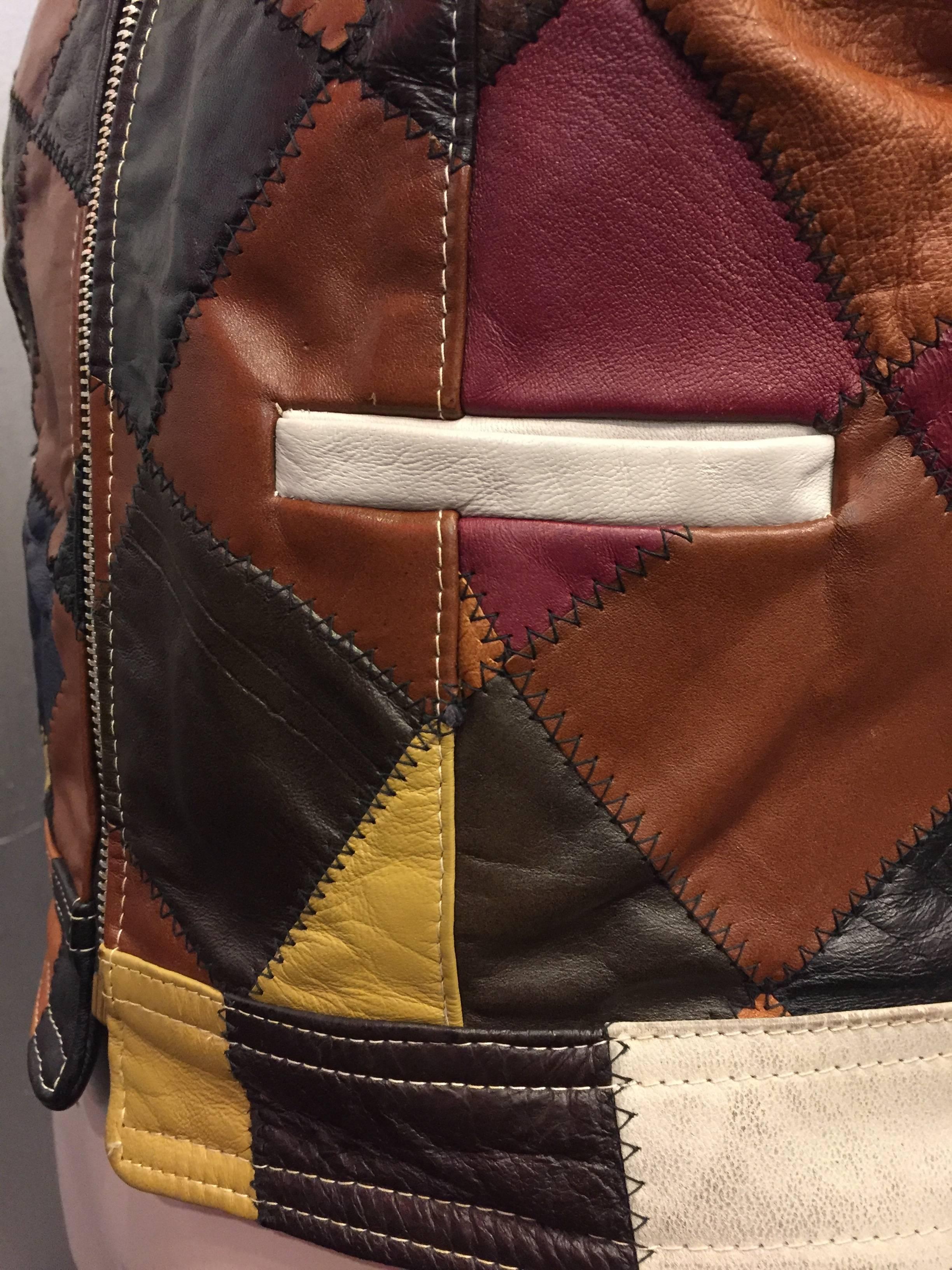 1970s White Rabbit and Multicolor Leather Patchwork Cropped Jacket 1