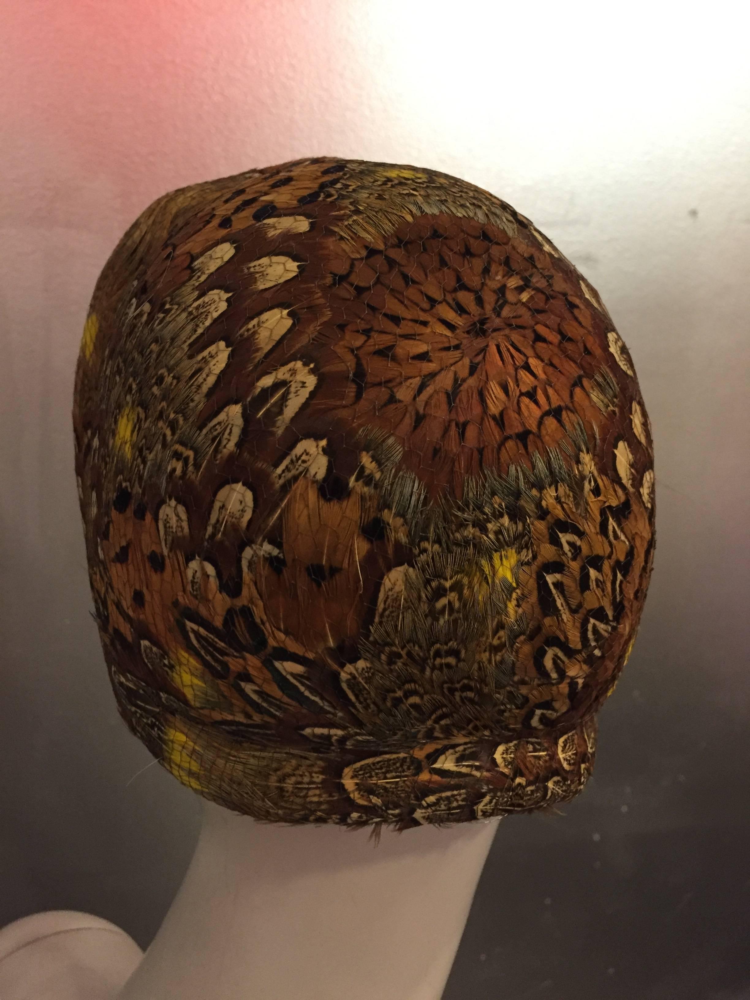 Brown 1950s Joseph Magnin Gorgeous Pheasant Feather Capulet w Net Overlay