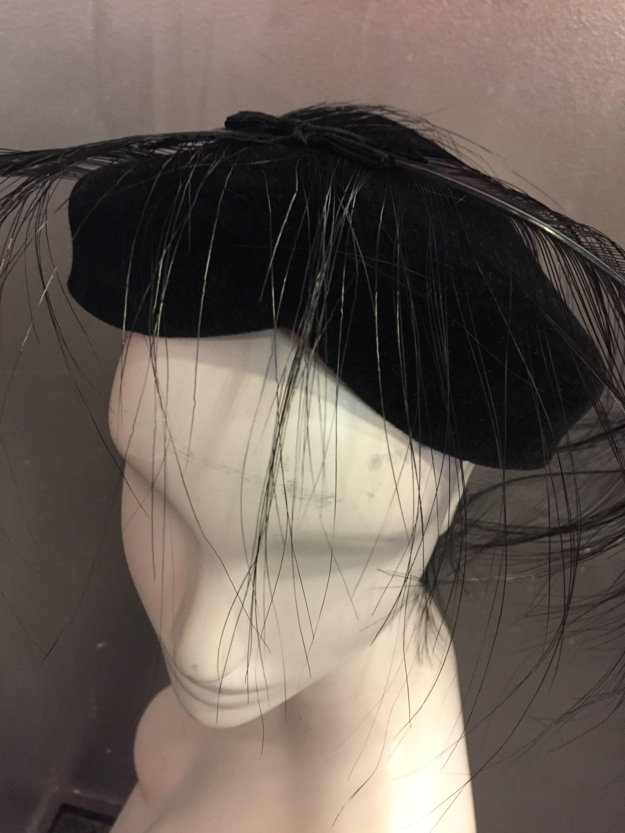 Women's 1950s Black Velvet Capulet w Gorgeous Singed Ostrich Feather Embellishment
