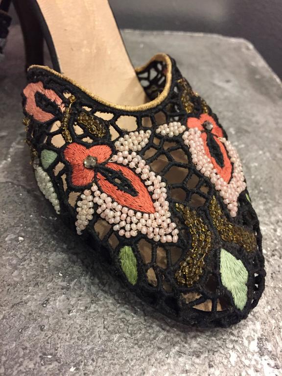 1950s Ferragamo Embroidered Lace and Gilt Leather Slingback Pumps ...