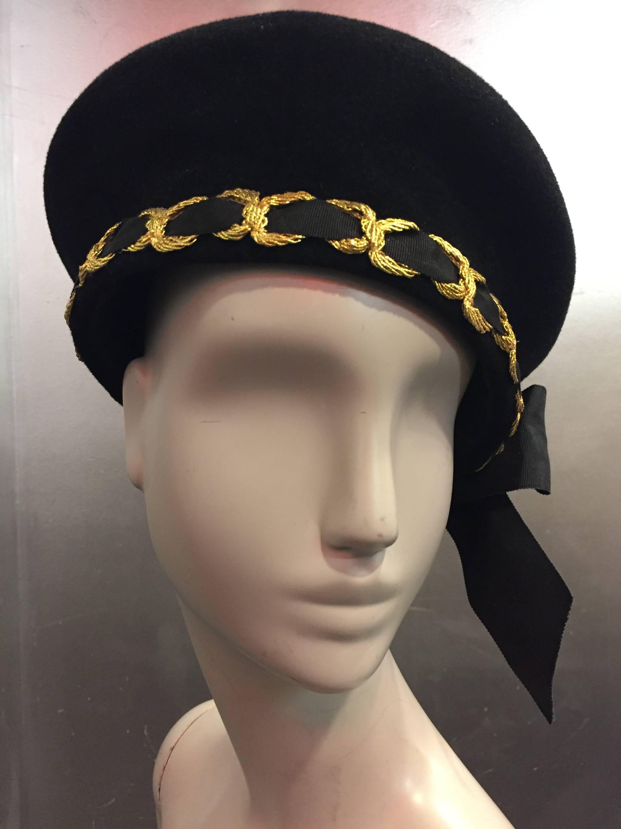 A fabulous 1980s Eric Javitz mohair velvet beret hat with gold cord braid at band and grosgrain ribbon bow. 