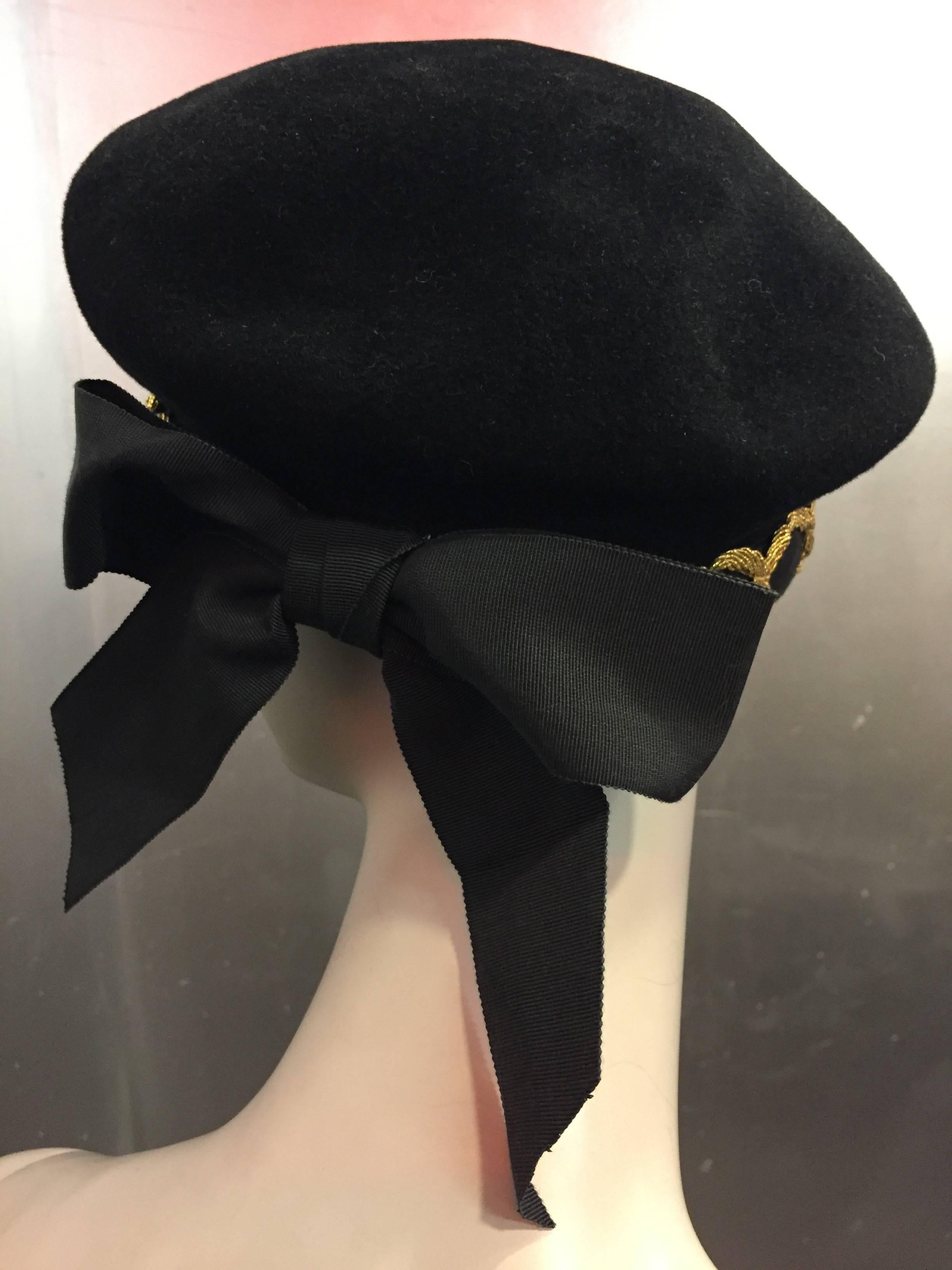 1980s Eric Javitz Mohair Velvet Beret Hat with Gold Cord and Ribbon Bow In Excellent Condition In Gresham, OR