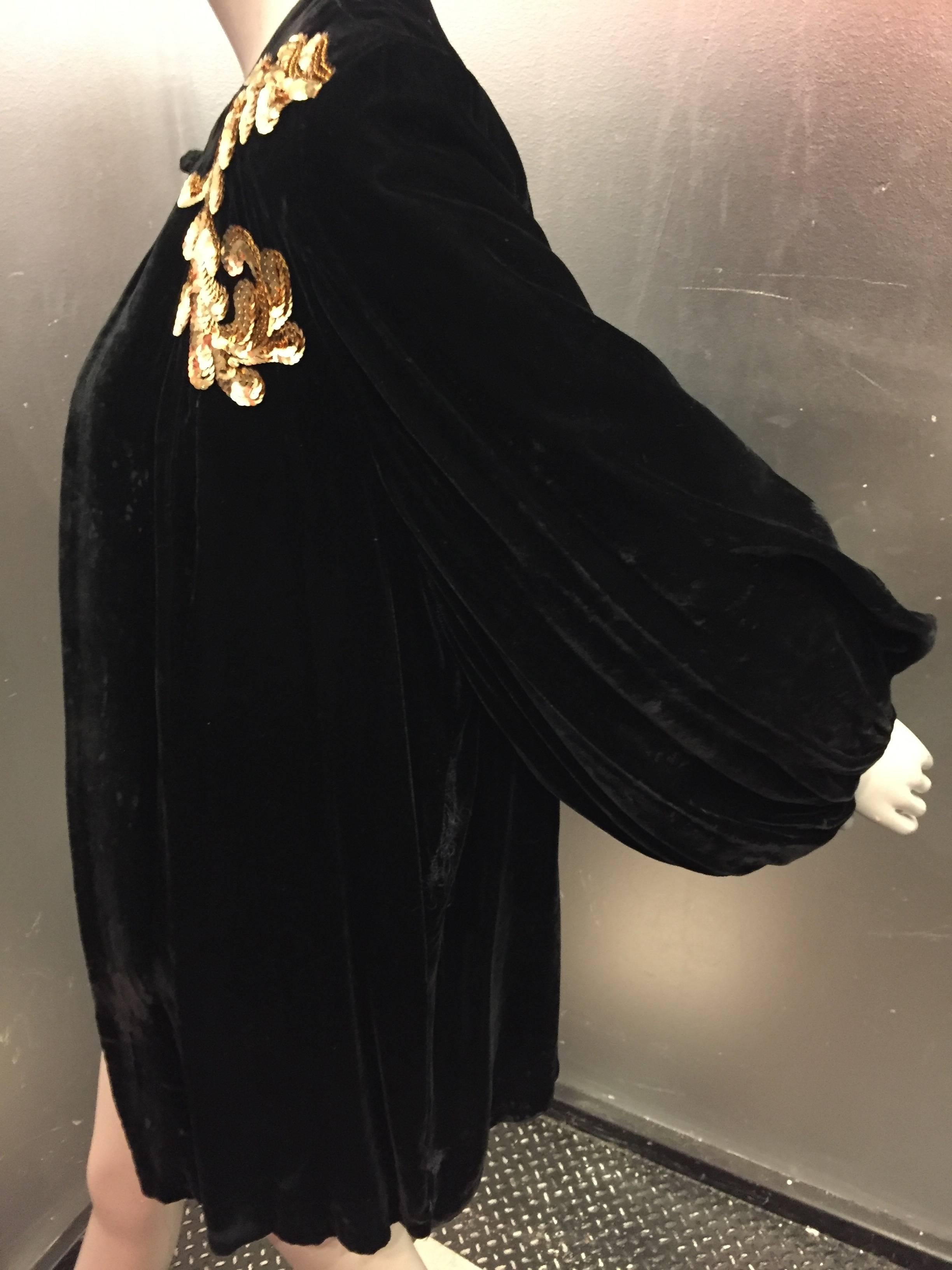 1940s Black Velvet Evening Coat with Gold Sequin Leaf Appliqué 2