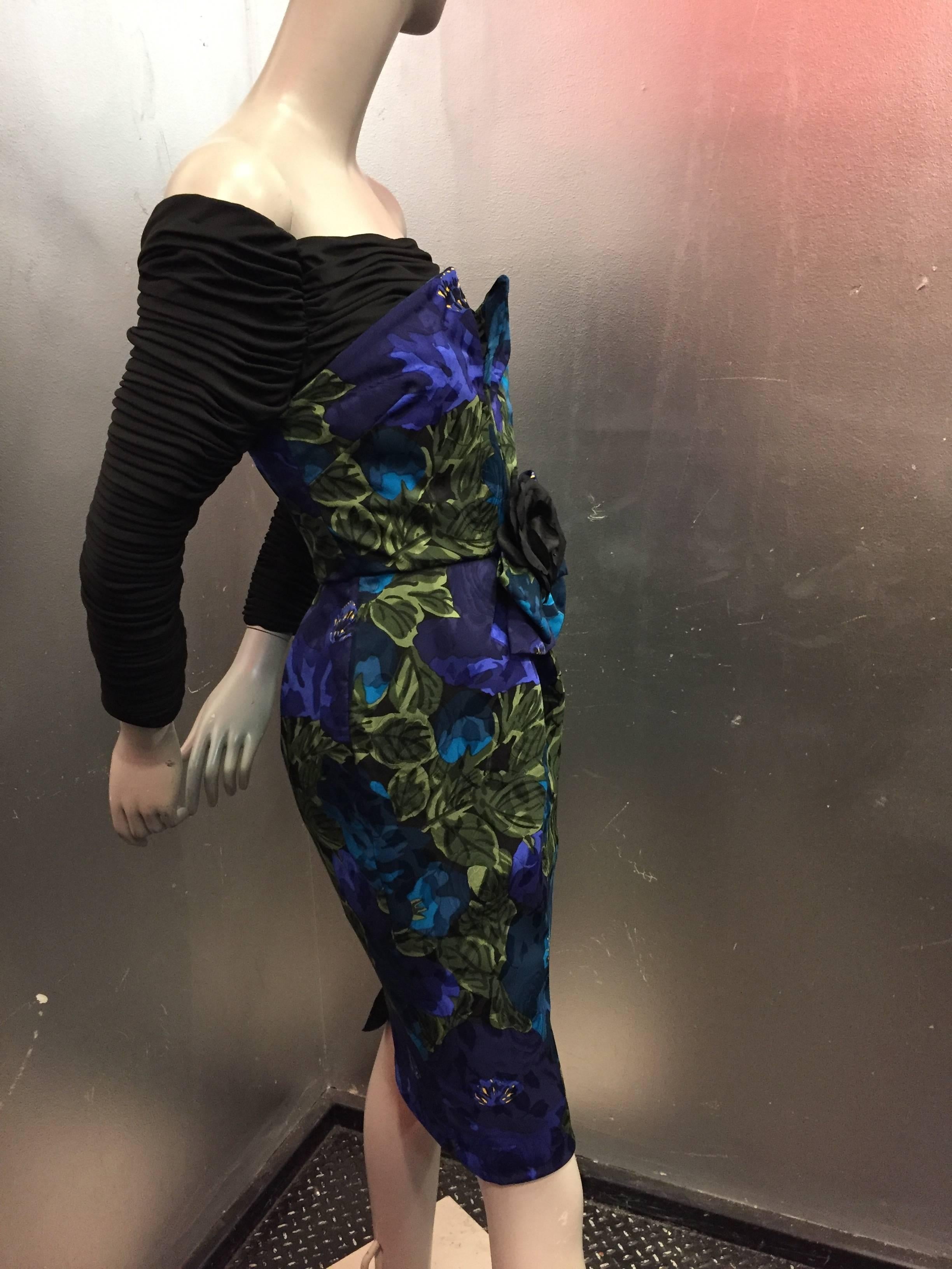 1980s Loubé Ruched Jersey Off The Shoulder Cocktail Dress w Floral Crepe Sheath In Excellent Condition In Gresham, OR