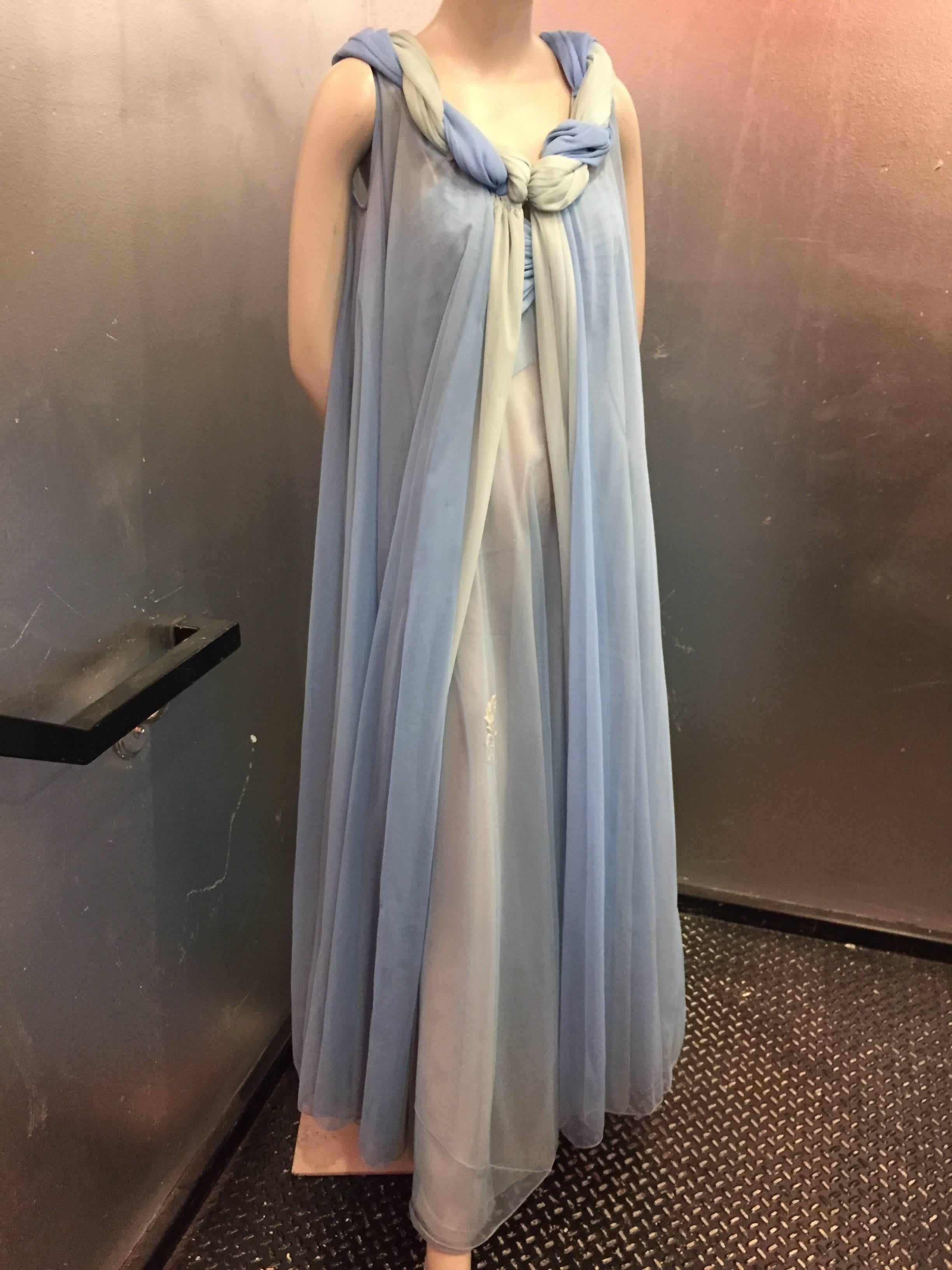 Pillow talk!! A fabulous 1960s pastel green and blue Grecian-style nylon jersey nightgown and duster set:  nightgown has spaghetti straps and gathered bust and satin plumed appliqués, while the sleeveless duster is voluminous and features a braided