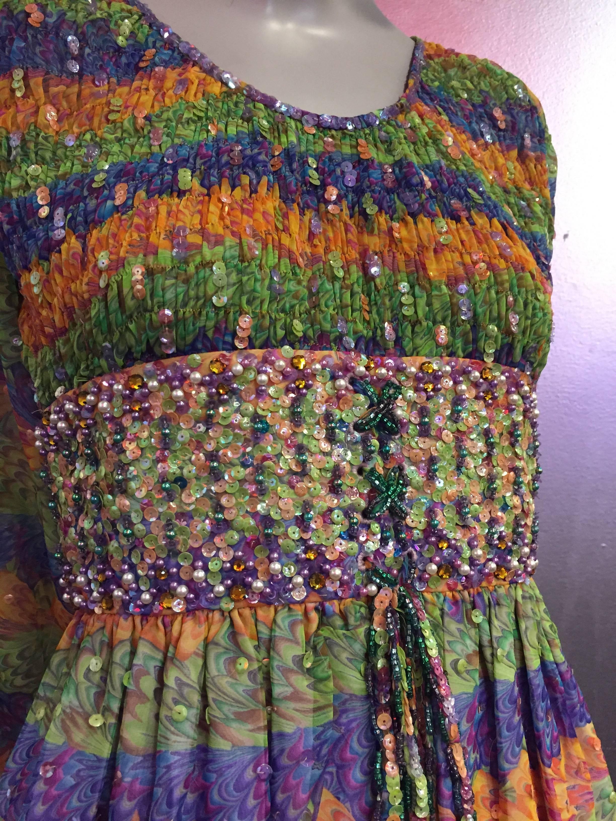 1970s Valentina Marble Print Tiered and Sequin Embellished 