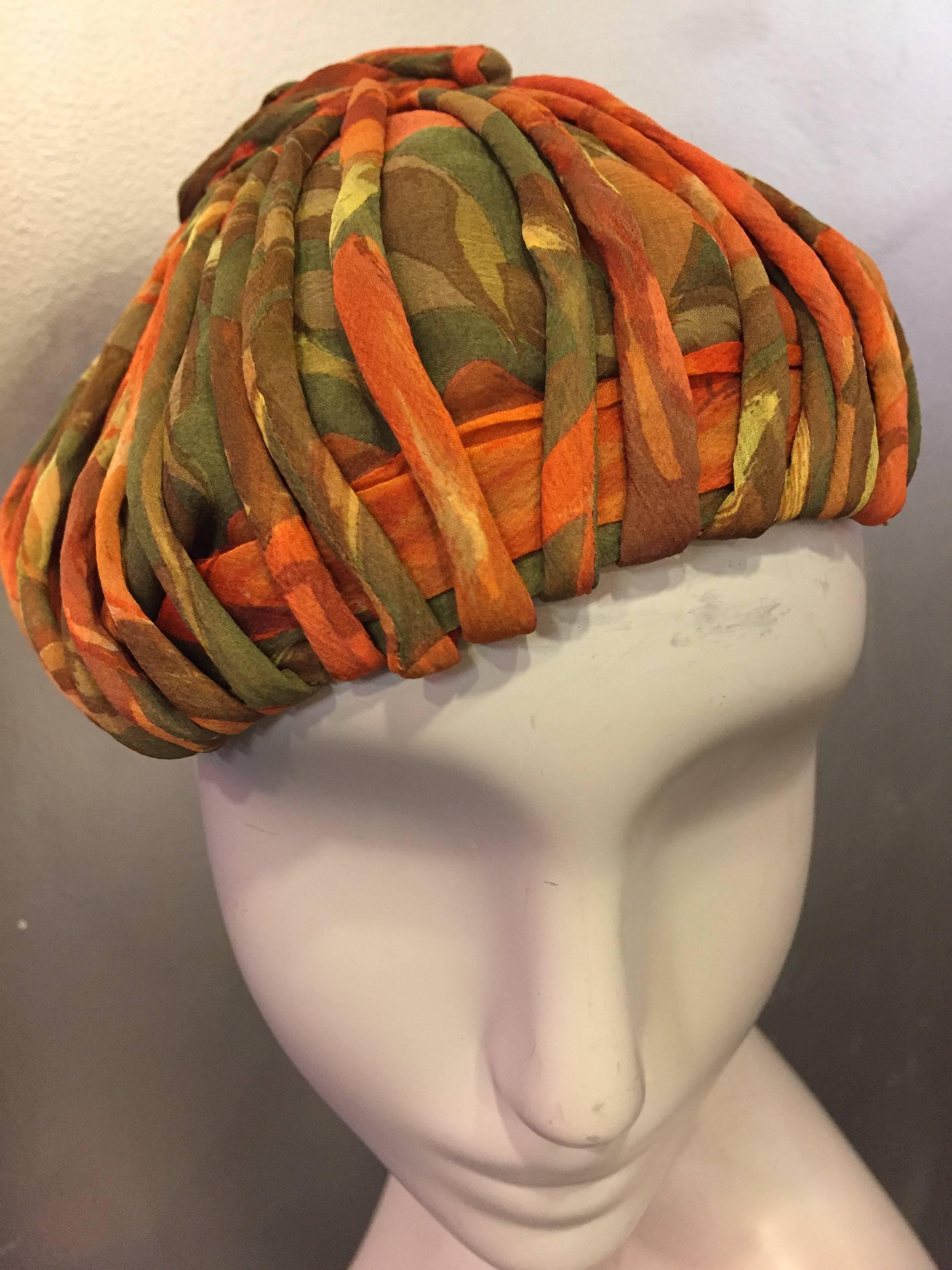 Brown 1950s James Galanos Autumnal Silk Chiffon Beret-Style Hat w Bias Cording For Sale