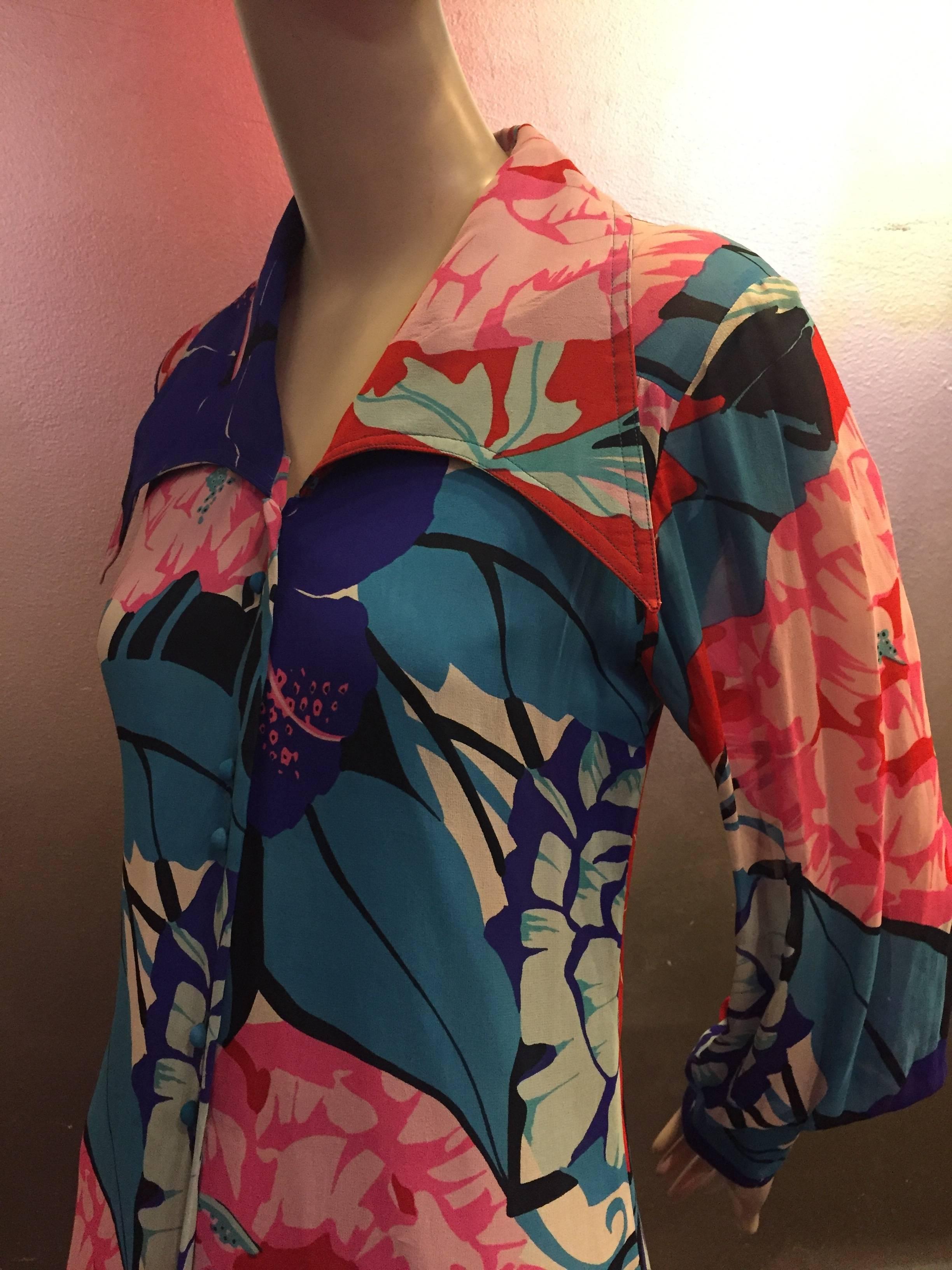 Women's 1970s La Mendola Silk Floral Print Button-Down Maxi with Sheer Sleeves 