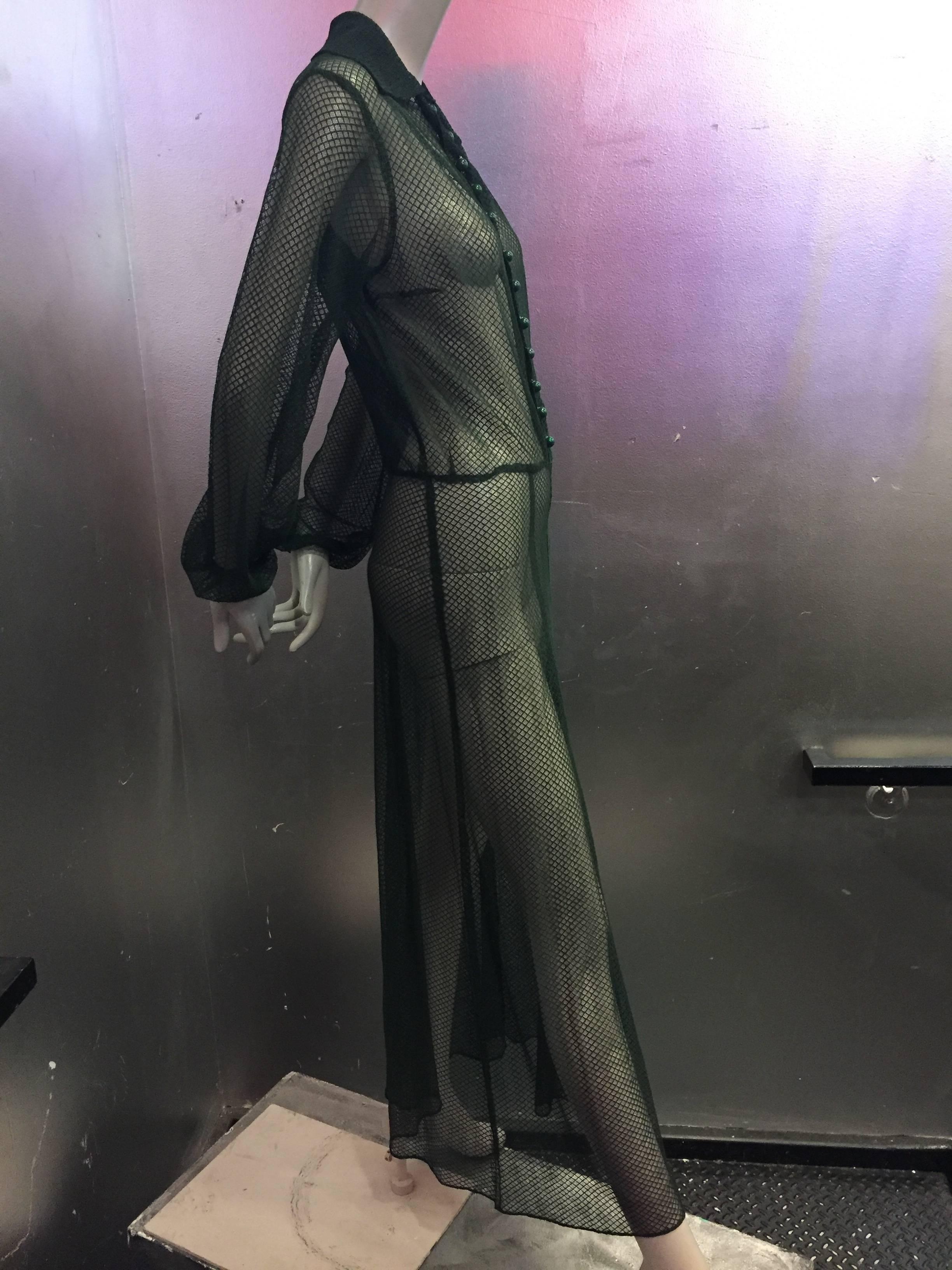 1930's Hunter Green Net Gown with Bakelite Buttons  In Excellent Condition In Gresham, OR