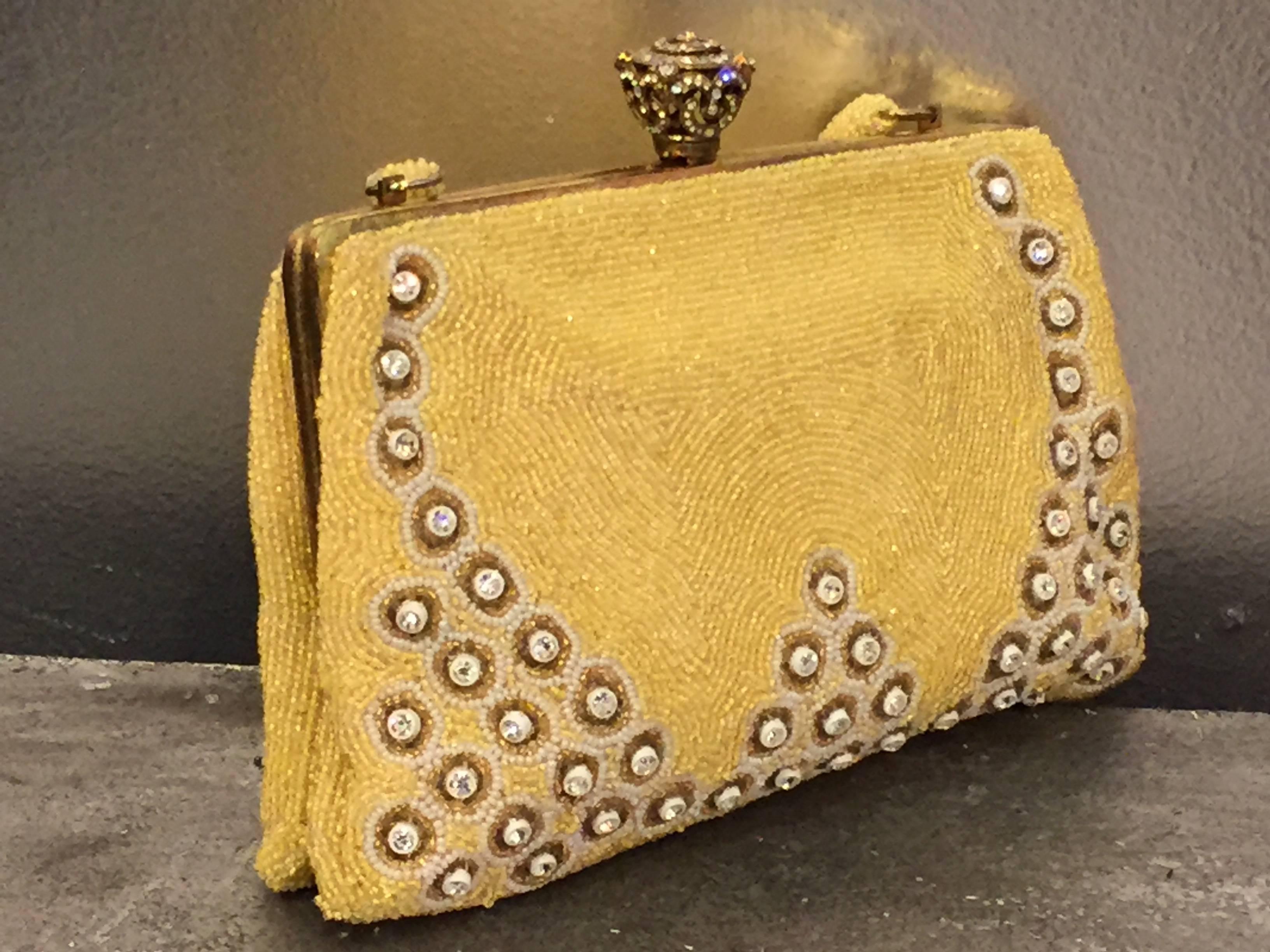 A divine 1950s Belgium-made buttercup yellow beaded and stoned handbag with a fabulous large 