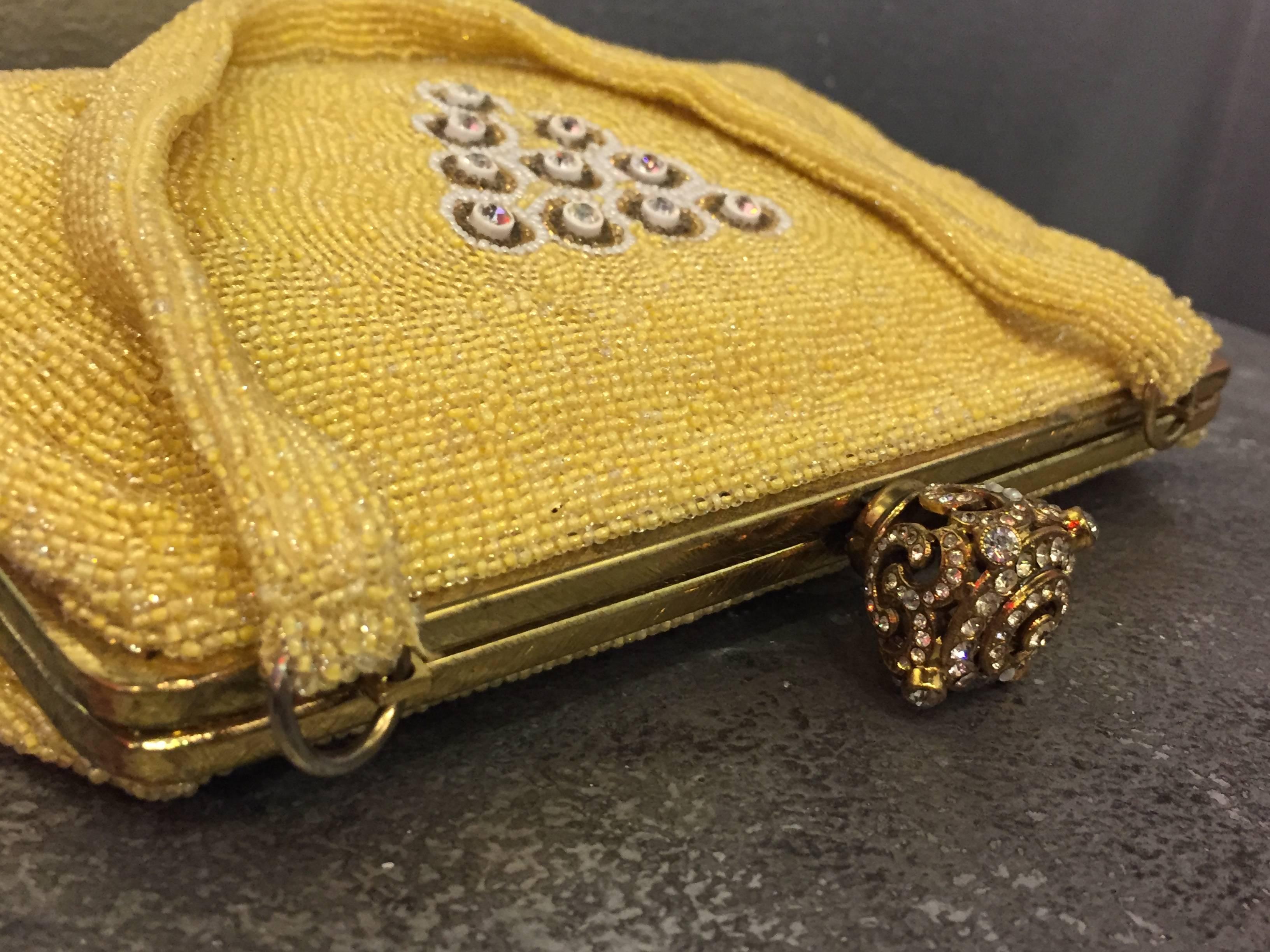 Women's 1950s Belgium-Made Buttercup Yellow Beaded Handbag w Rhinestones and Jewels 