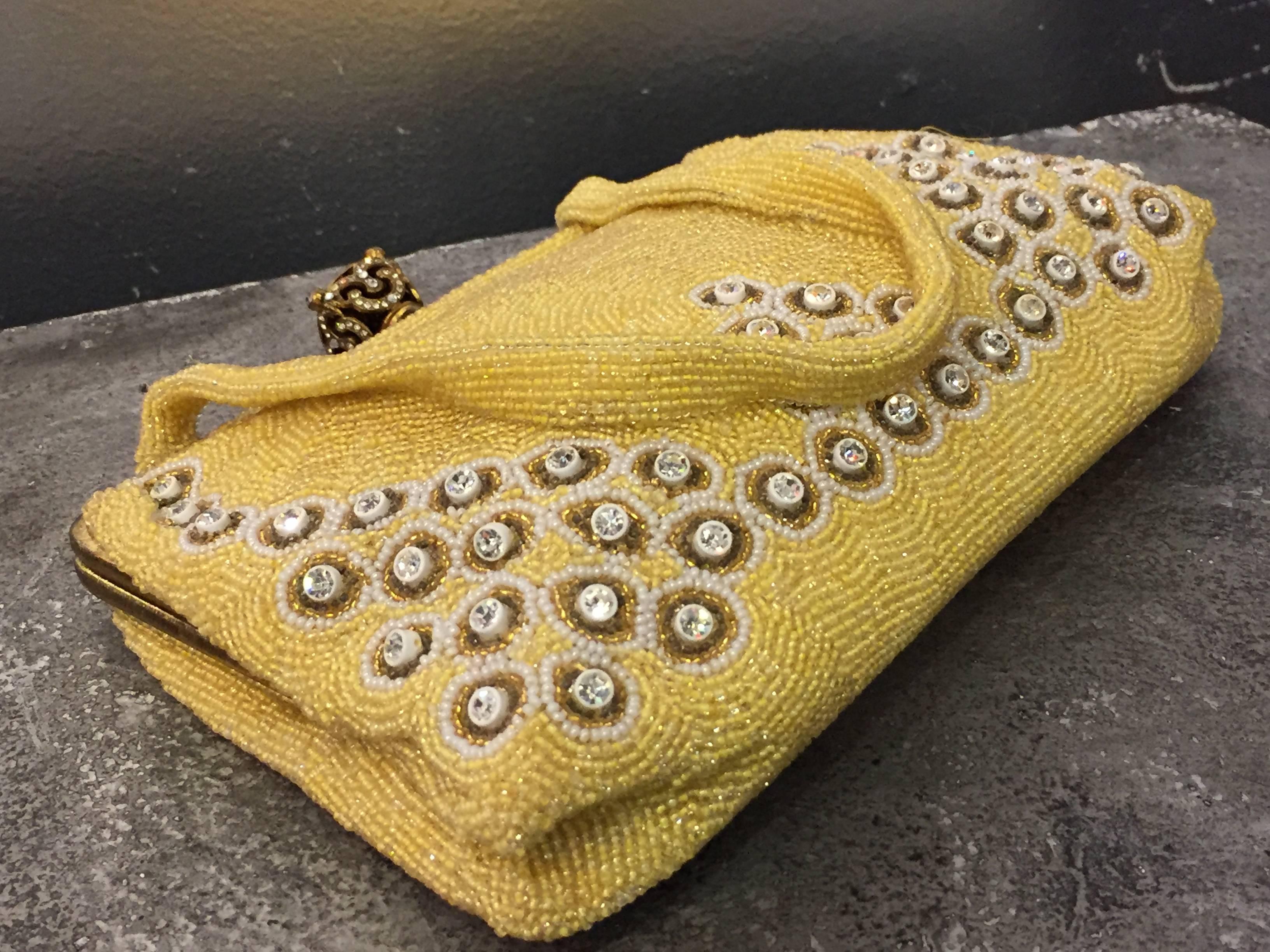 1950s Belgium-Made Buttercup Yellow Beaded Handbag w Rhinestones and Jewels  1