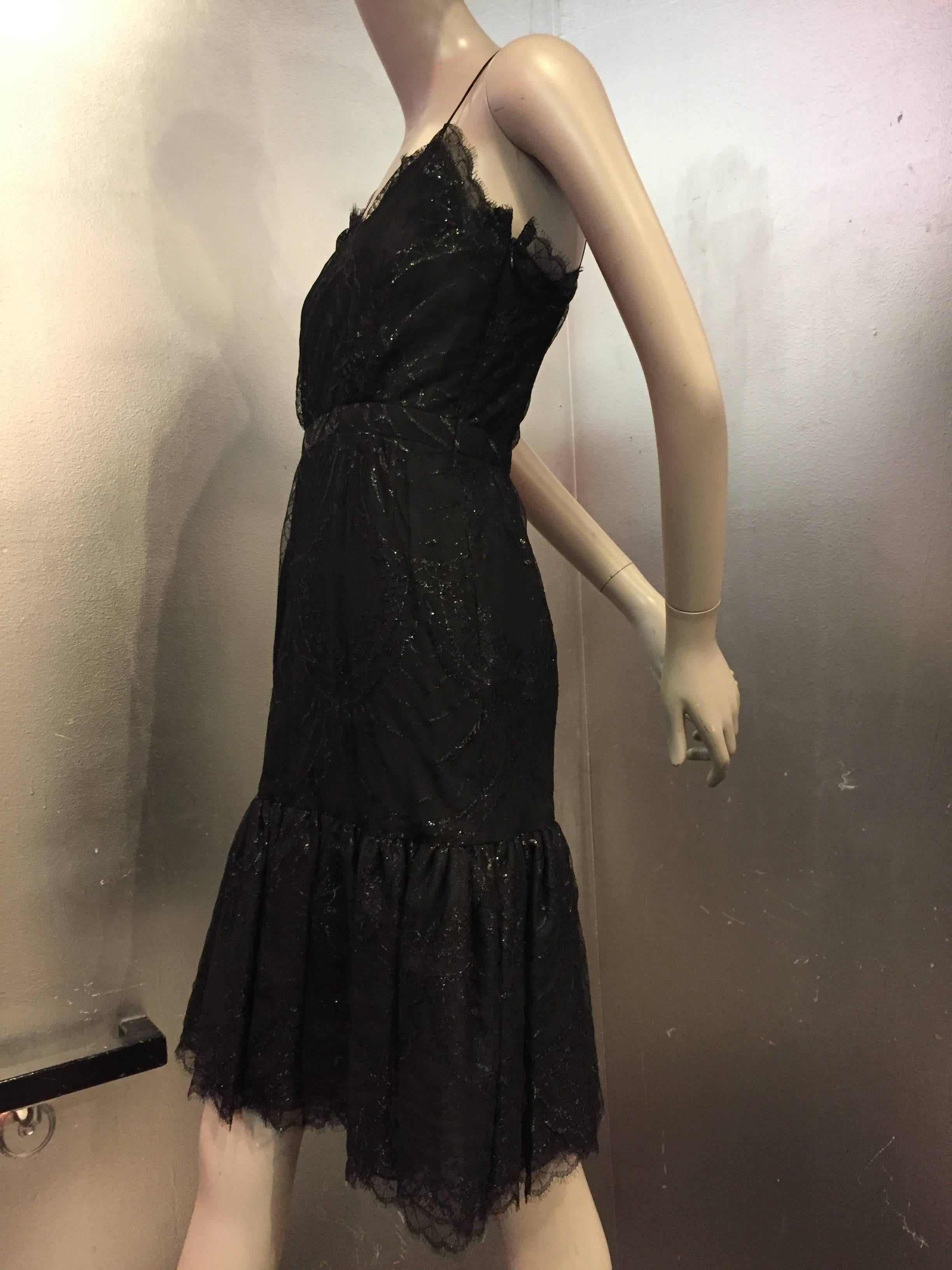 Women's Bill Blass Black Silk Lace Slip-Style Cocktail Dress w Gathered Net Flounce Hem 