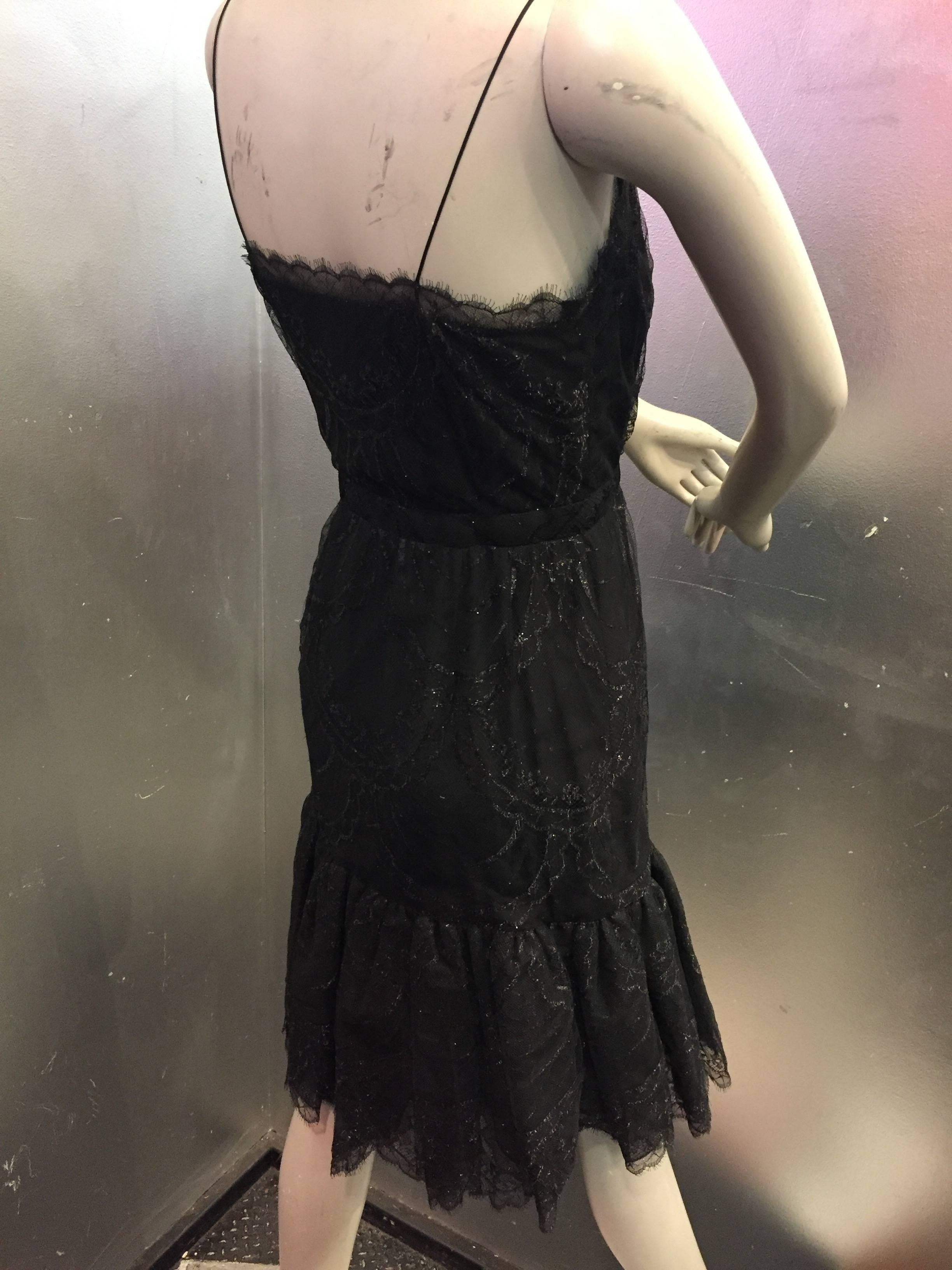 Bill Blass Black Silk Lace Slip-Style Cocktail Dress w Gathered Net Flounce Hem  1