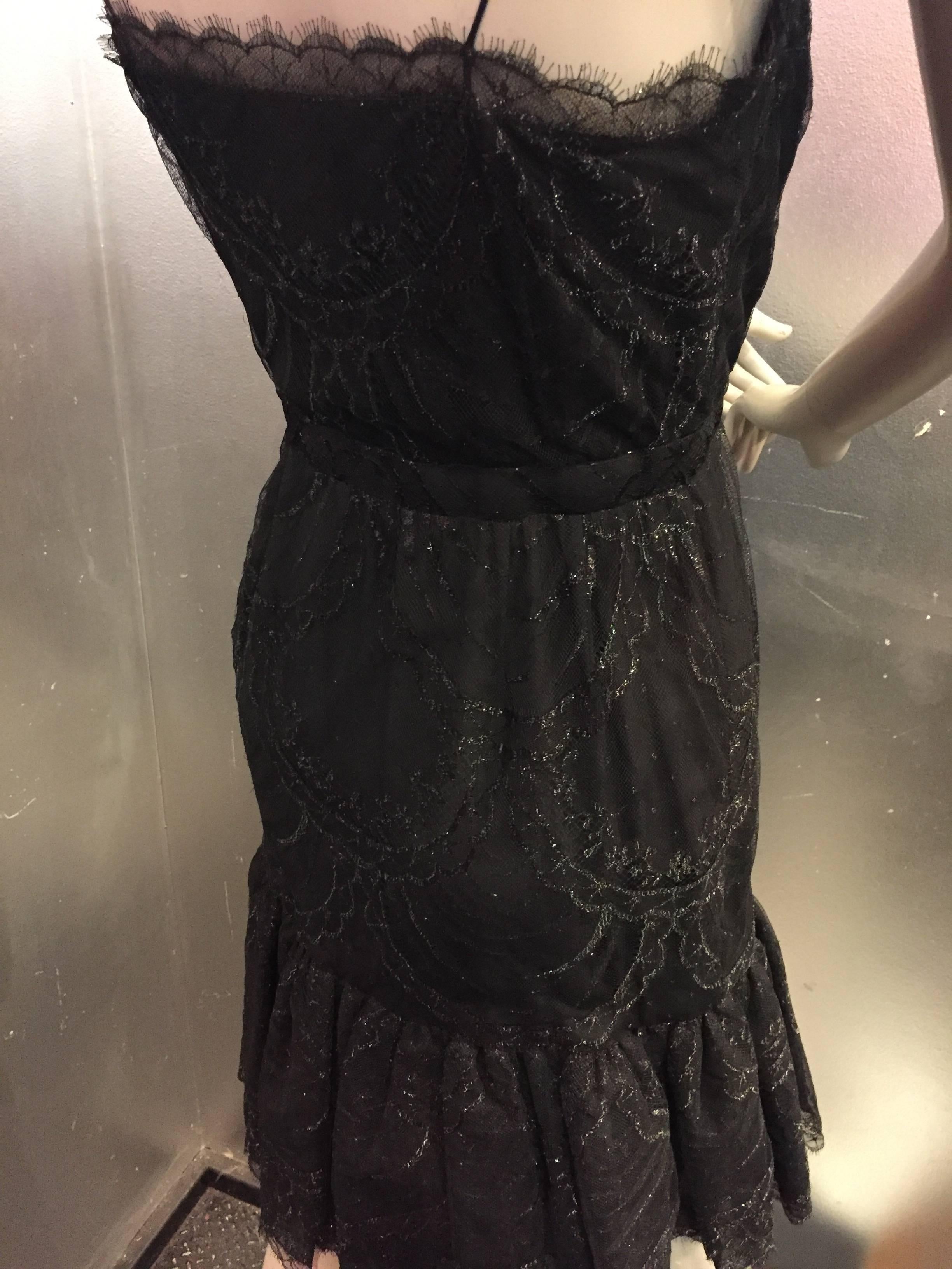 Bill Blass Black Silk Lace Slip-Style Cocktail Dress w Gathered Net Flounce Hem  3
