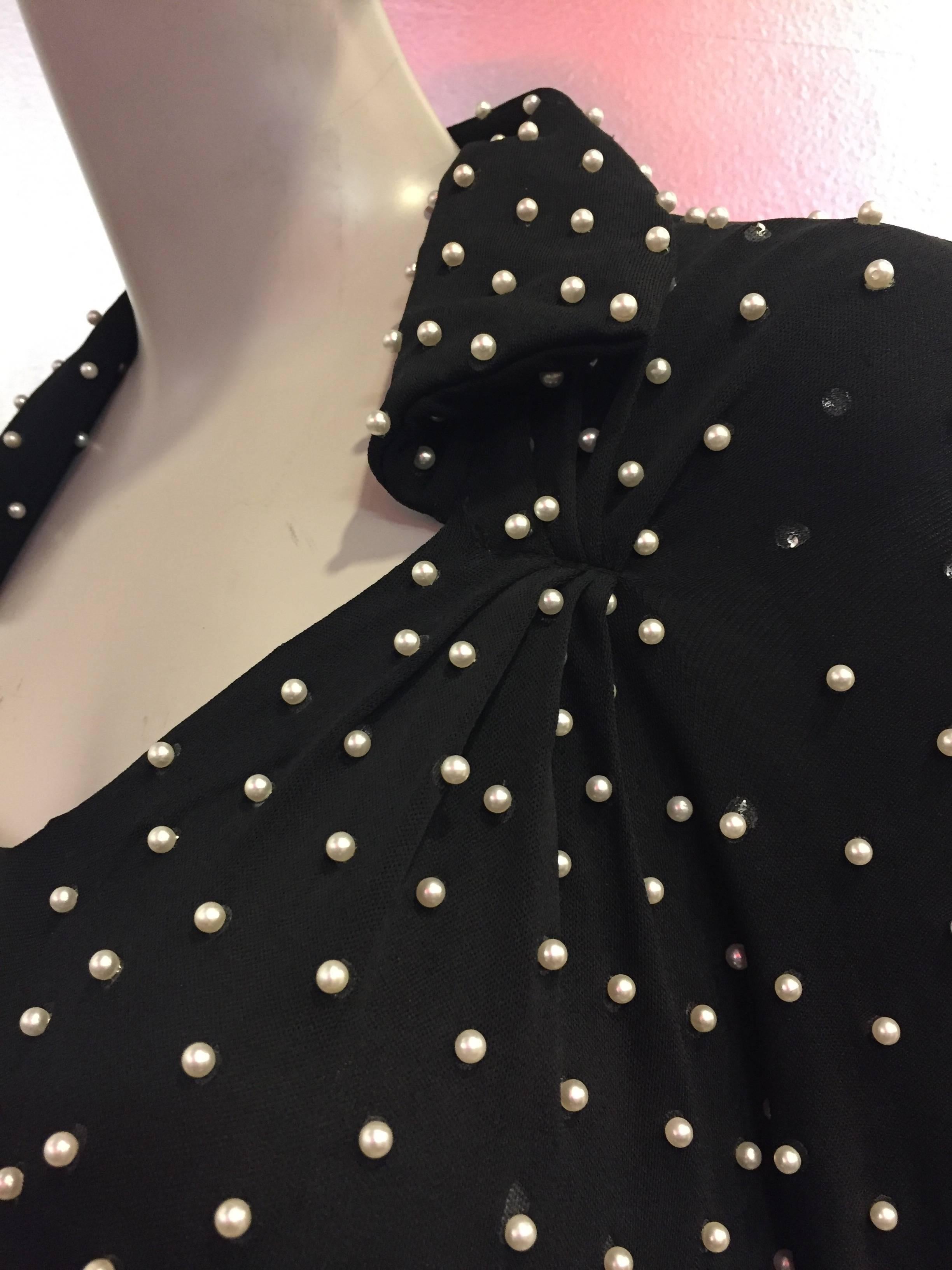 1980s Norma Kamali Black Jersey Pearl Studded Blouse with 43