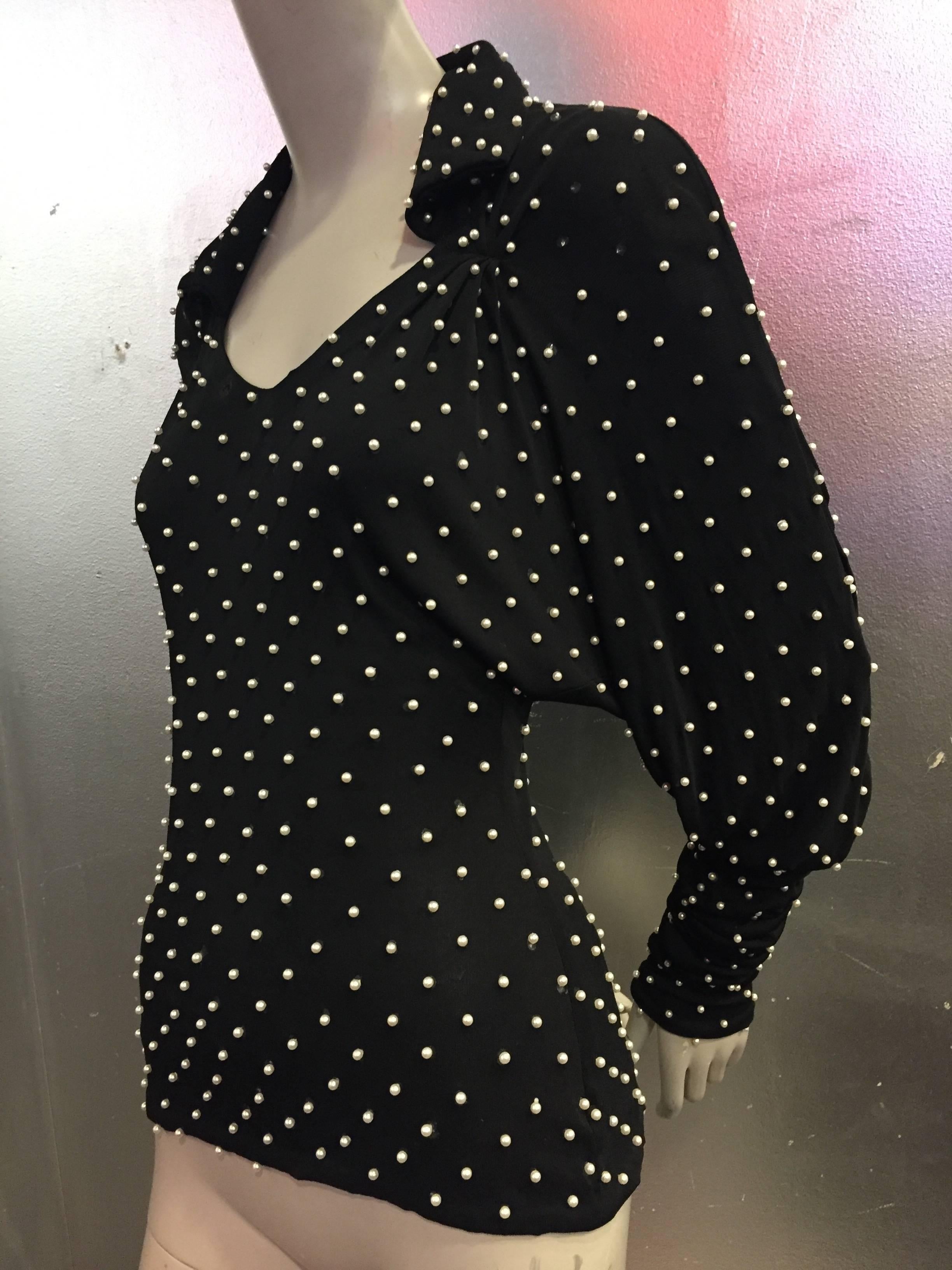 Women's 1980s Norma Kamali Black Jersey Pearl Studded Blouse with 43