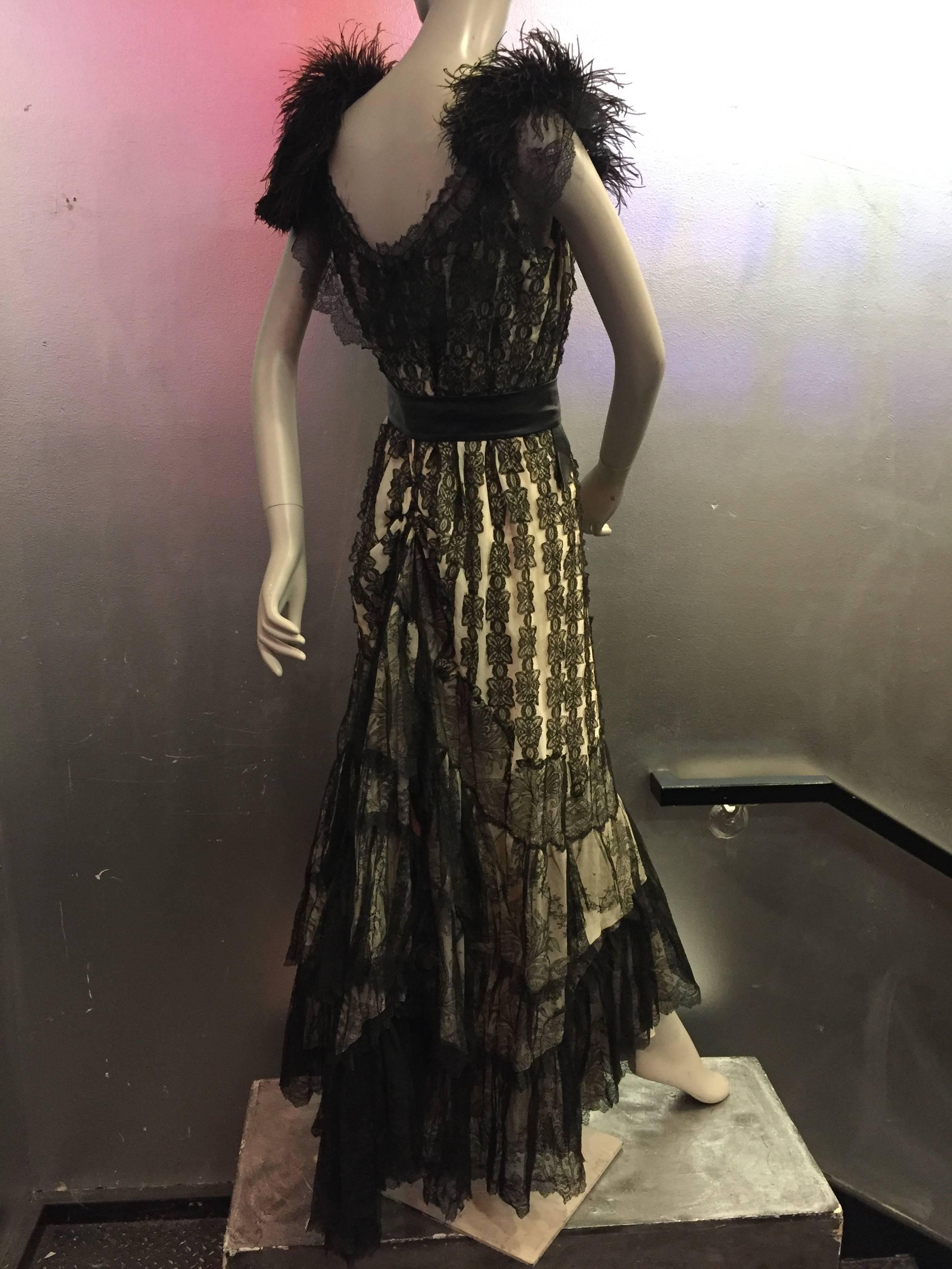 Black 1950s Hand-Made Flamenco-Inspired Gown Made From Victorian Lace Shawl