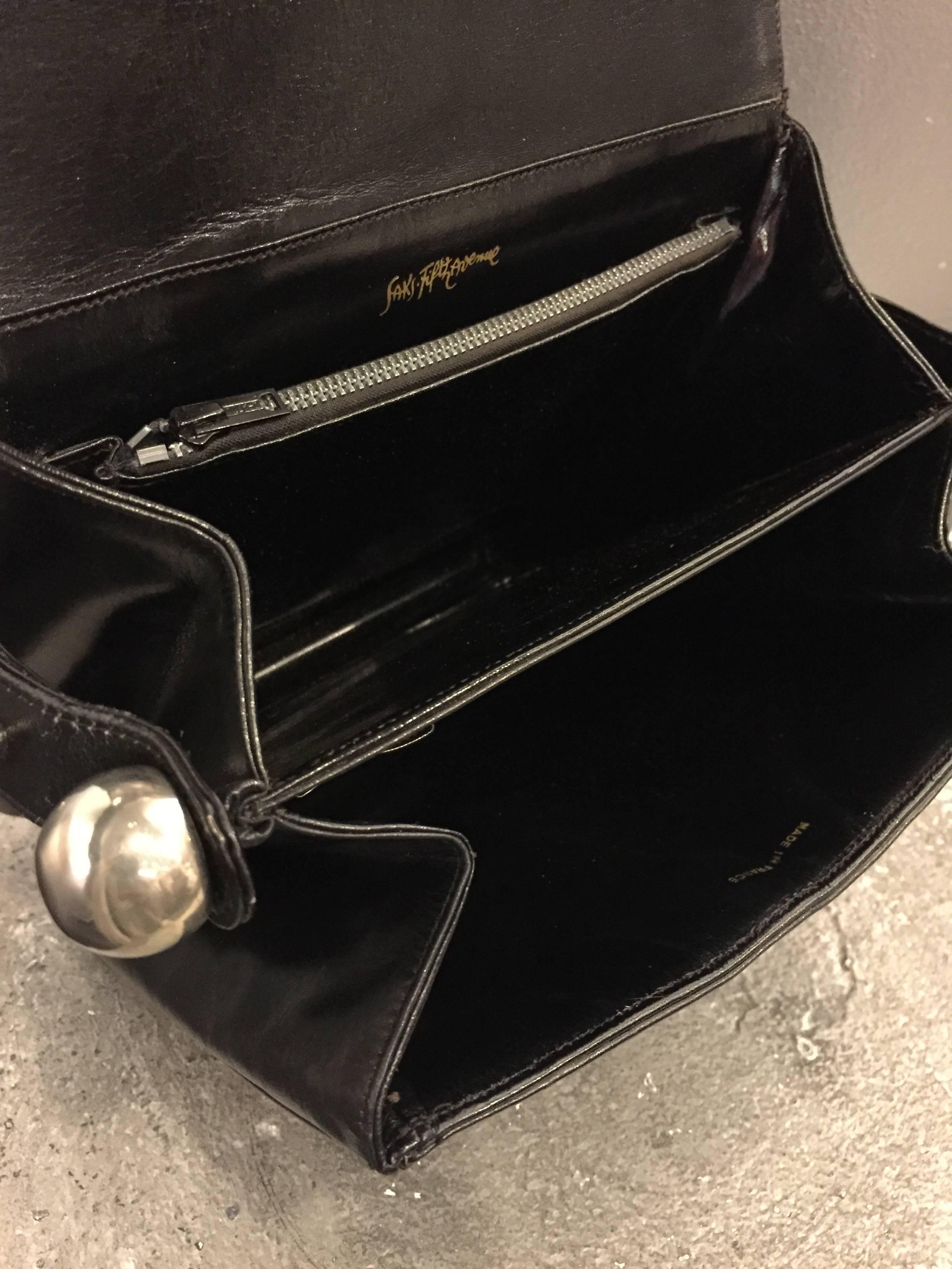 1960s Mod Saks Fifth Avenue Black Calf Skin Shoulder Bag w Chrome Ball Detail  1