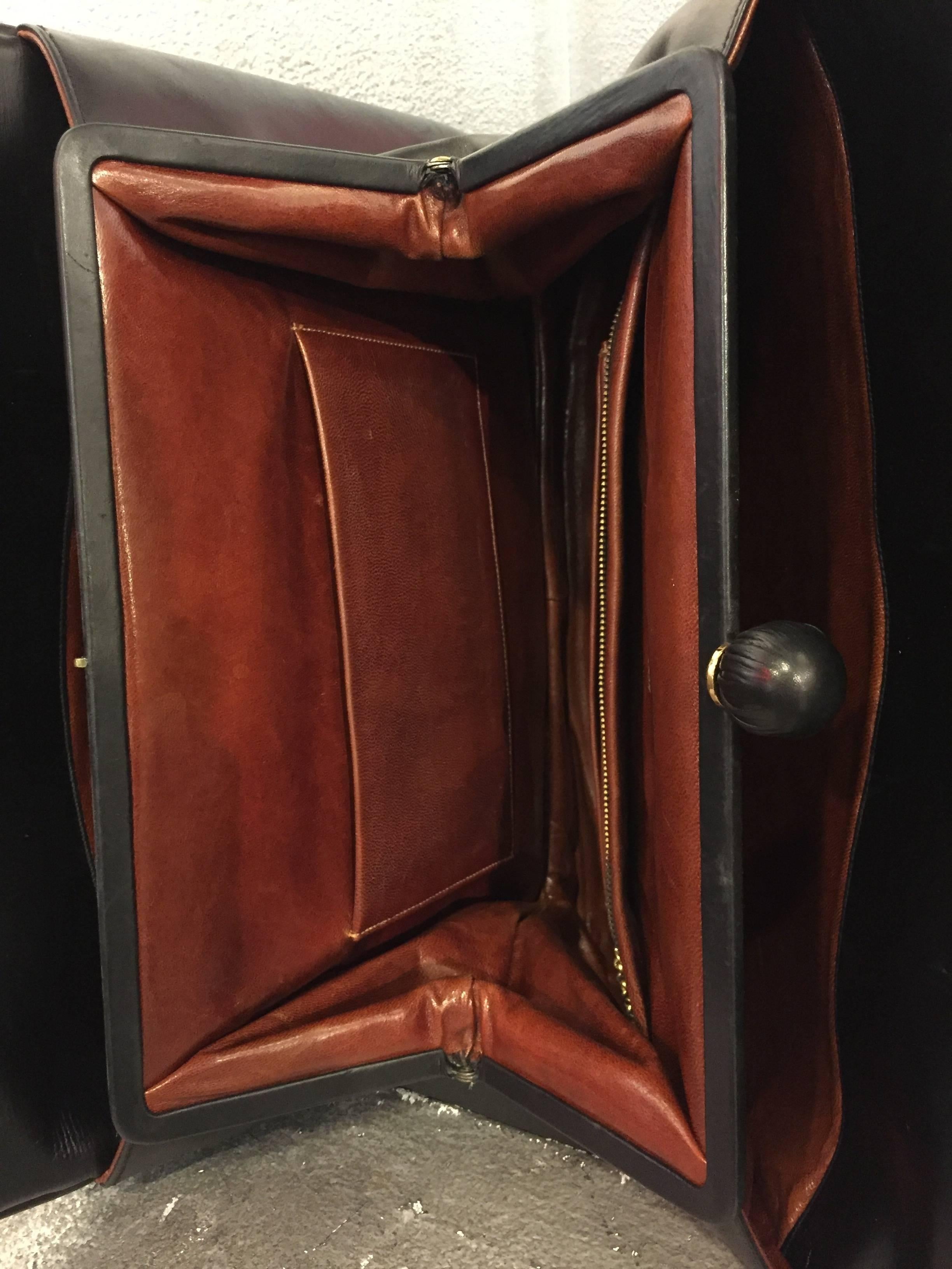 1960s I.Magnin Large Black Calf Skin Large Tailored Handbag For Sale 1