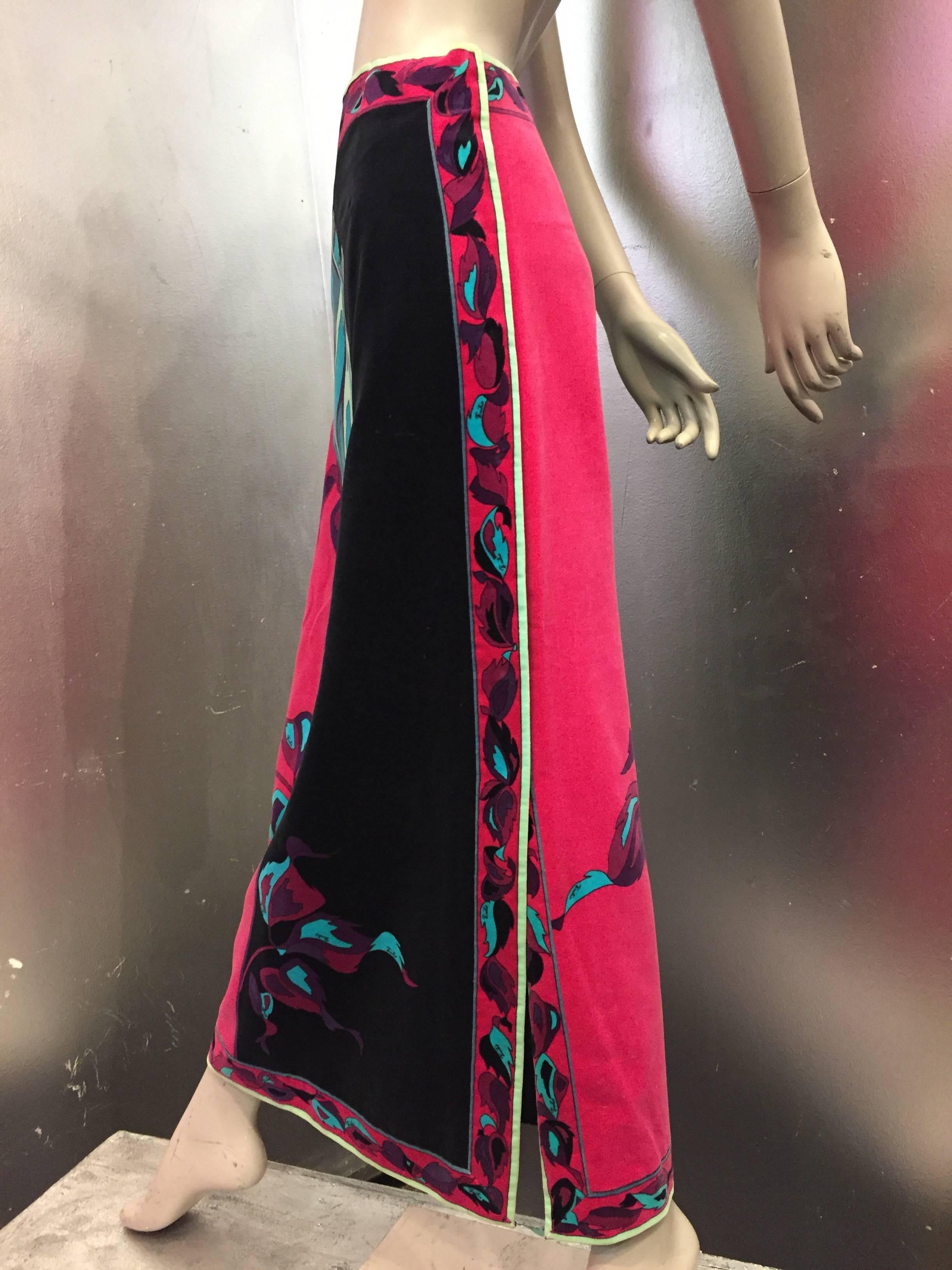 Pink 1970s Emilio Pucci Velveteen Maxi Skirt w Rose Print in Fuchsia Black & Blues