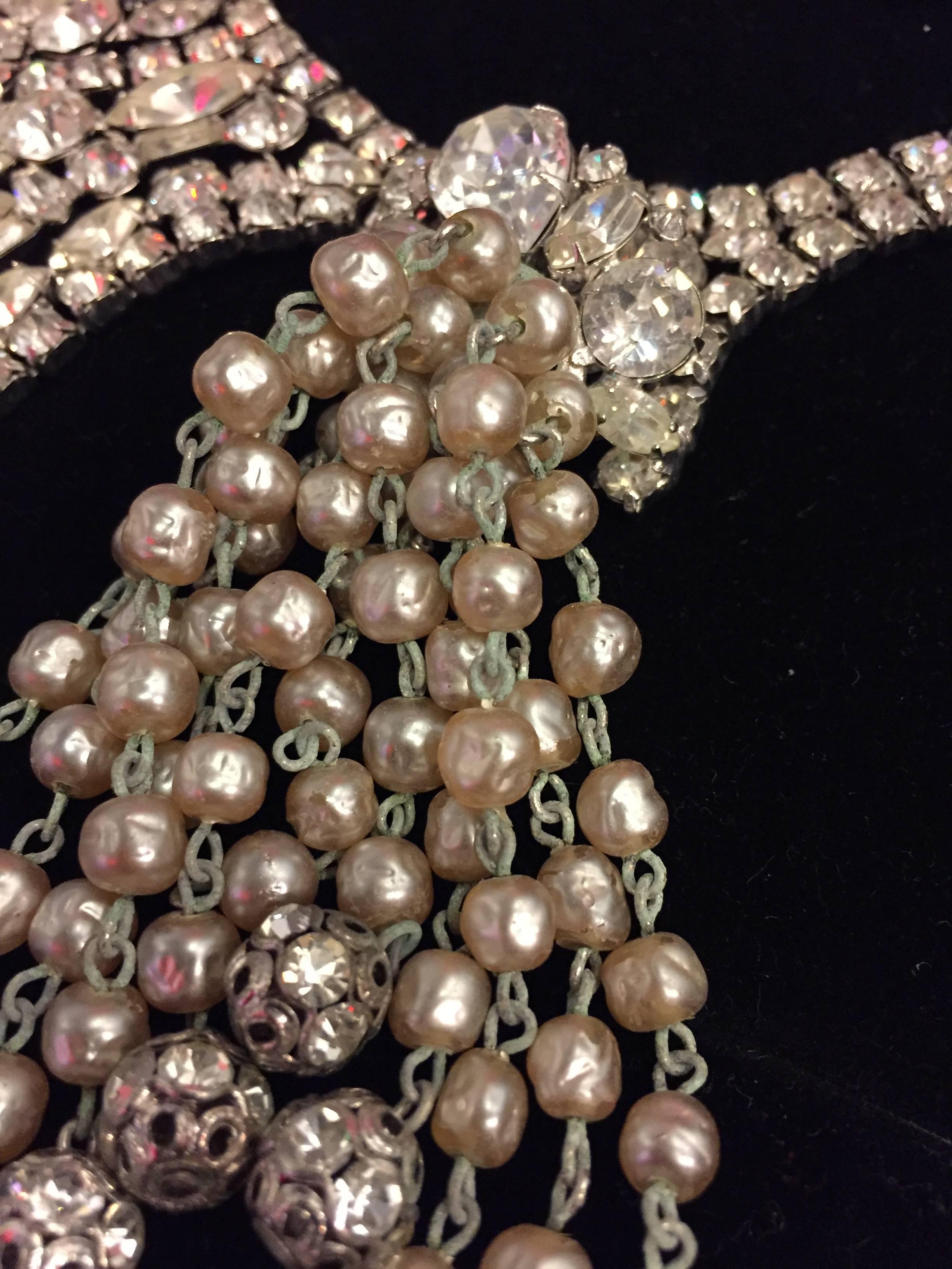 1950s Asymmetrical Cascading Tassel Necklace and Earring Set in Faux Pearl  1