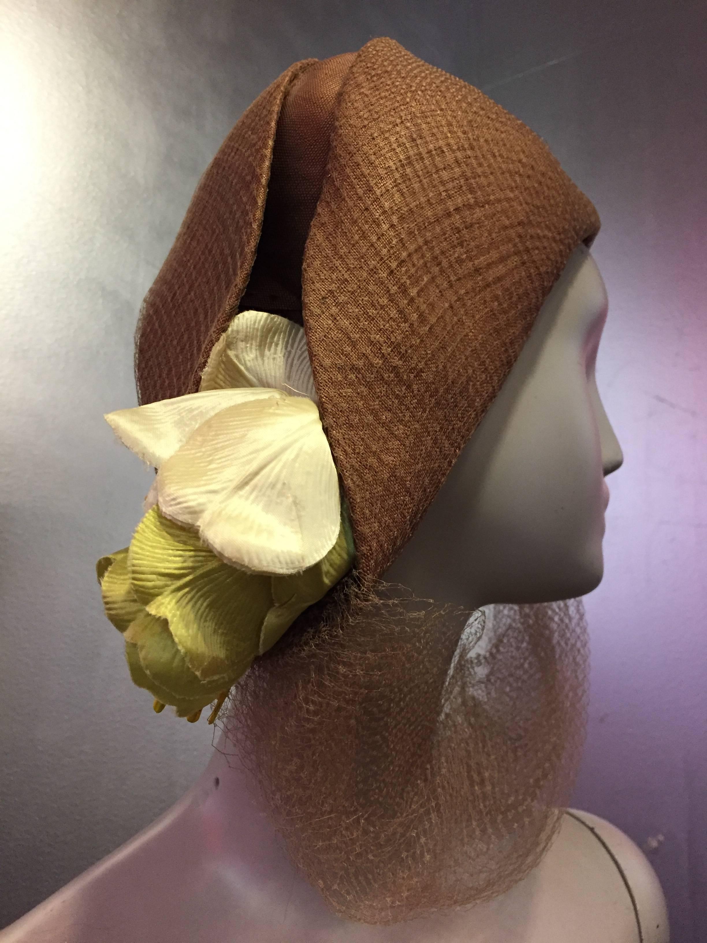 Brown 1940s Superb Irina Roublon Fine Tobacco Straw Bicorn Hat w Tulips and Tulle 