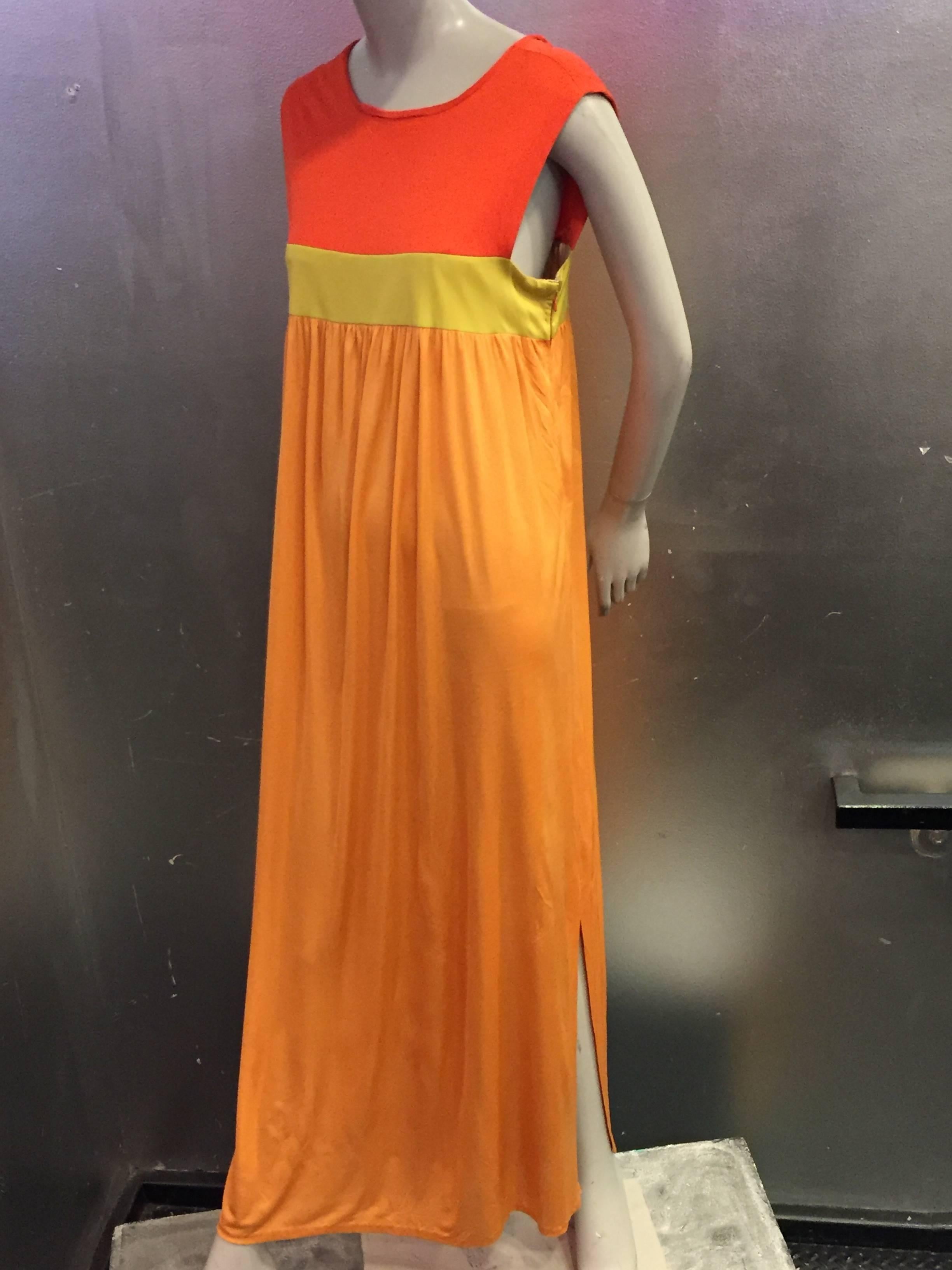 Brown 1960s Emilio Pucci Persimmon Chartreuse & Tangerine Color-Block Jersey Silk Gown