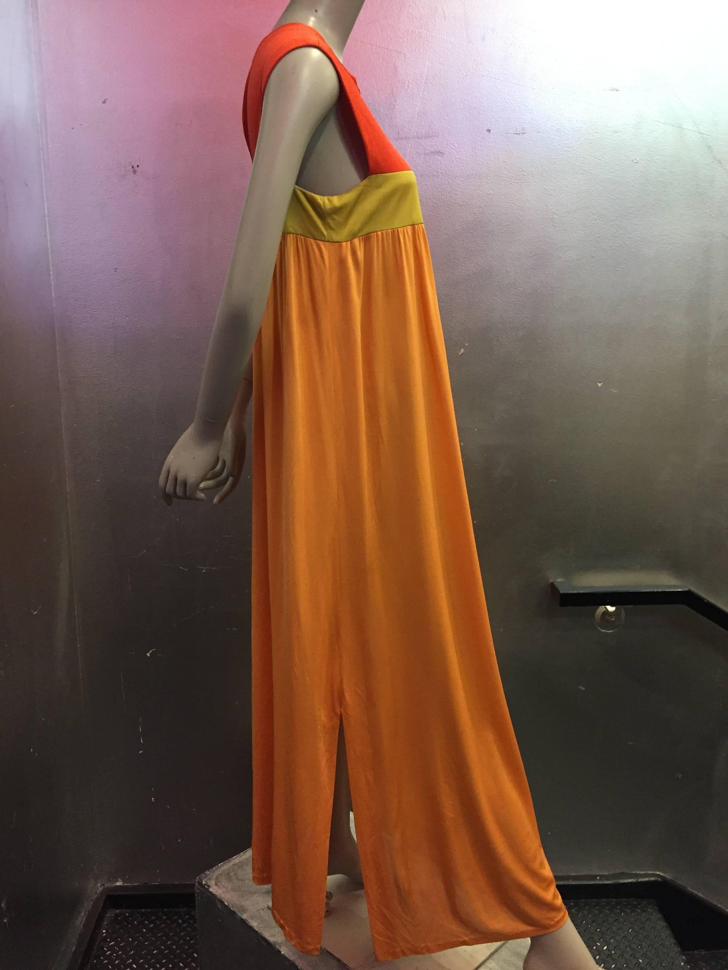 1960s Emilio Pucci Persimmon Chartreuse & Tangerine Color-Block Jersey Silk Gown In Excellent Condition In Gresham, OR