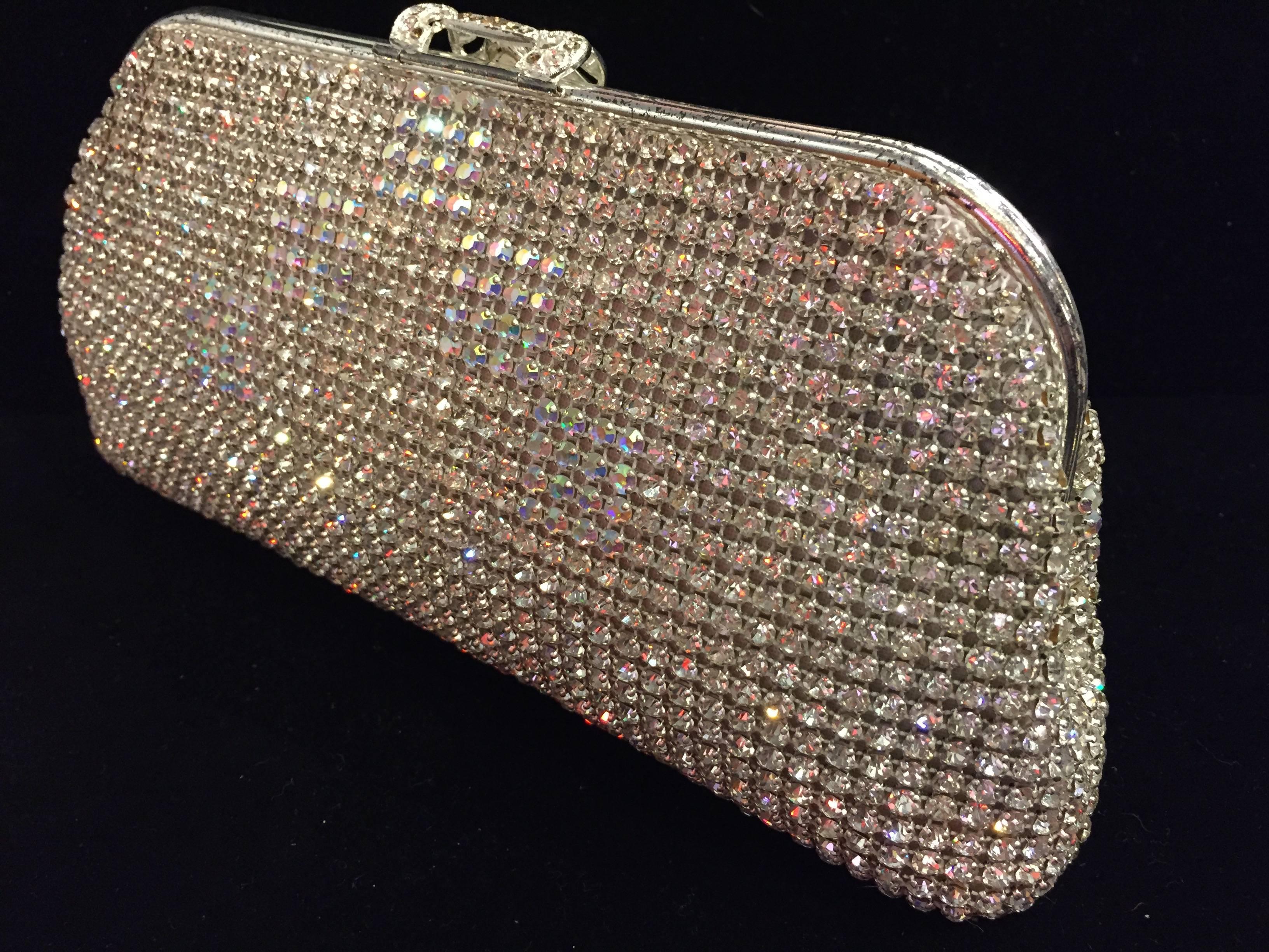 A lovely 1950s Johann Becker rhinestone encrusted convertible evening bag: chain handle tucks inside bag to be used as a clutch. Clean lining.  9