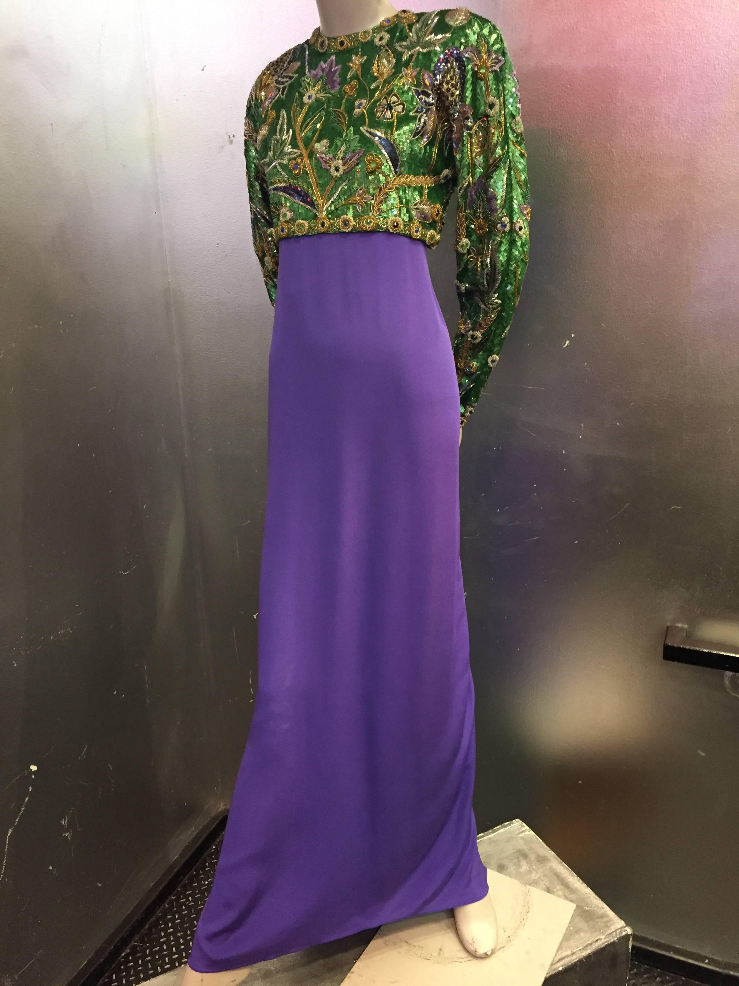 1980s Oscar de La Renta beaded floral motif attached bolero bodice with purple silk crepe column gown with low-cut gathered train peekaboo back. Closure at center back. 