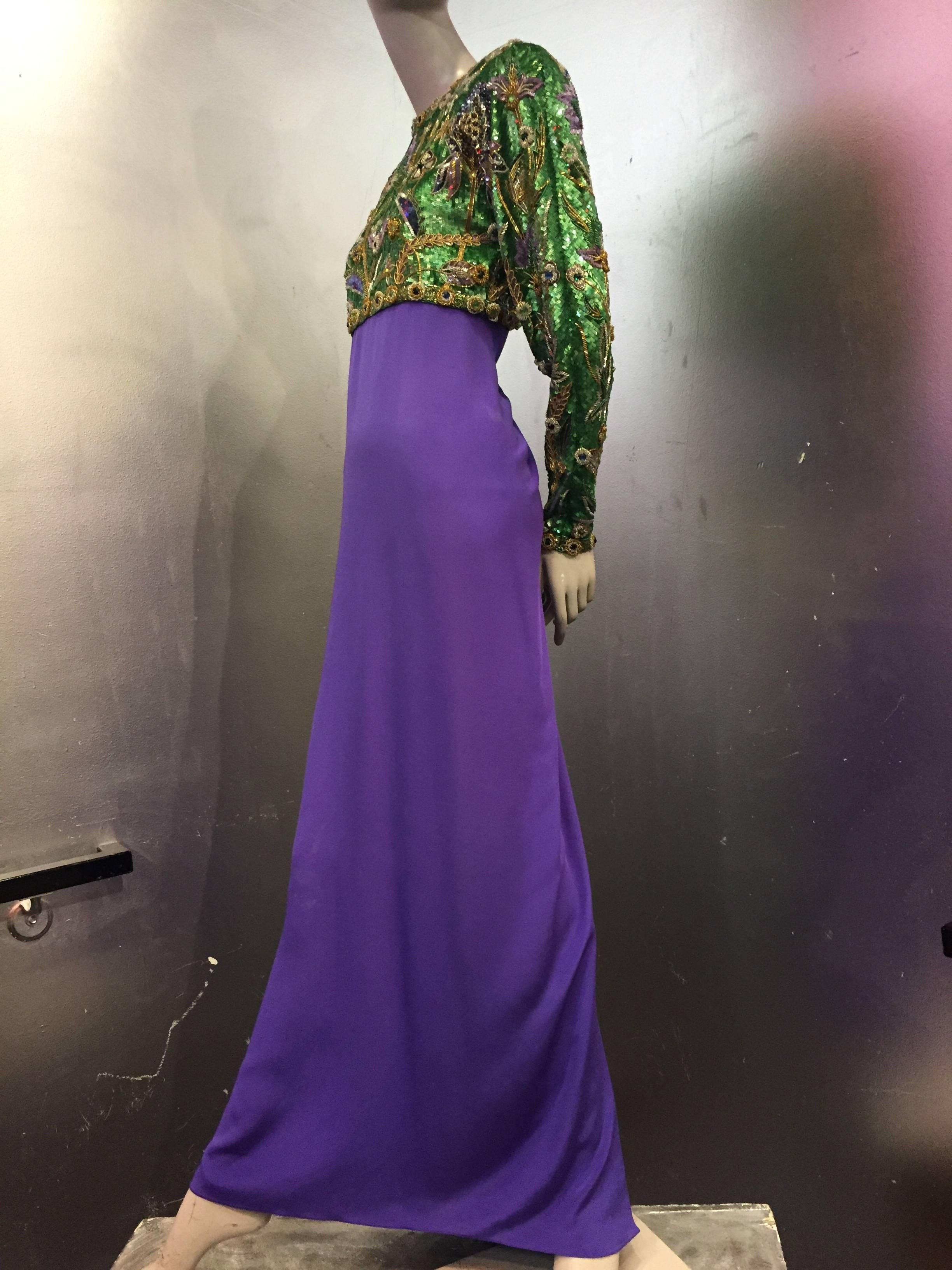 Black 1980s Oscar de La Renta Beaded Floral Motif Attached Bolero w Purple Crepe Gown