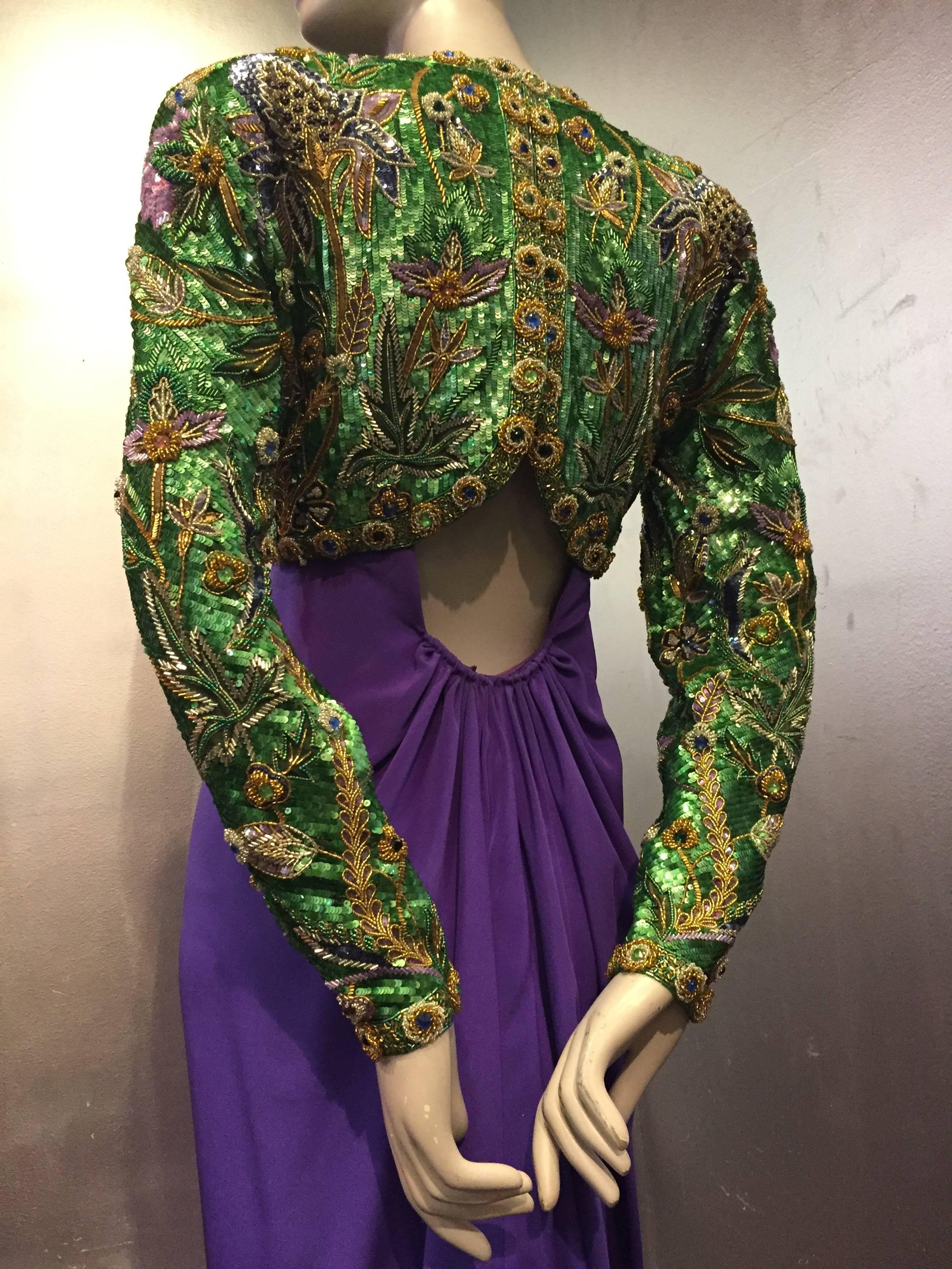 Women's 1980s Oscar de La Renta Beaded Floral Motif Attached Bolero w Purple Crepe Gown