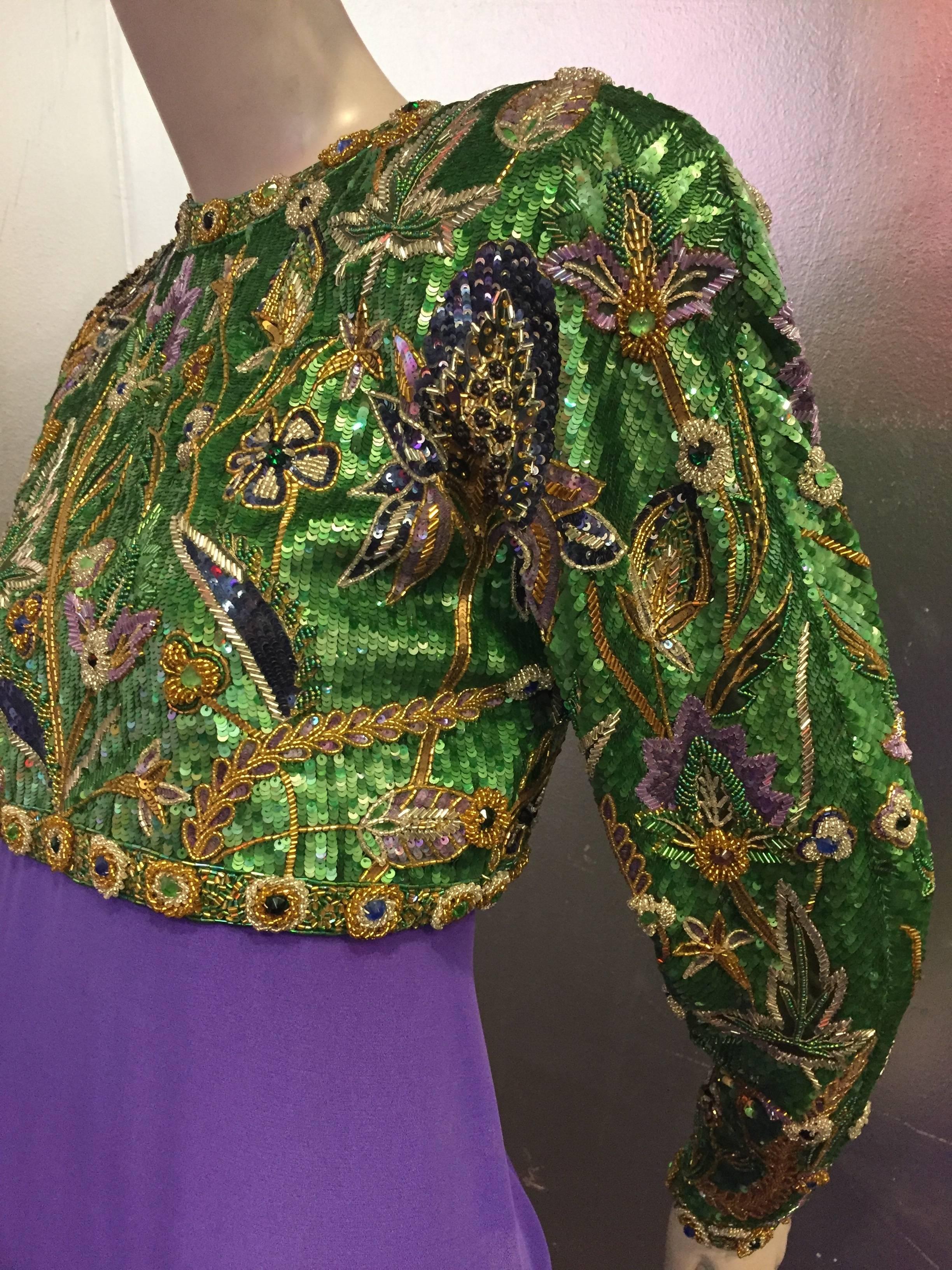 1980s Oscar de La Renta Beaded Floral Motif Attached Bolero w Purple Crepe Gown 1