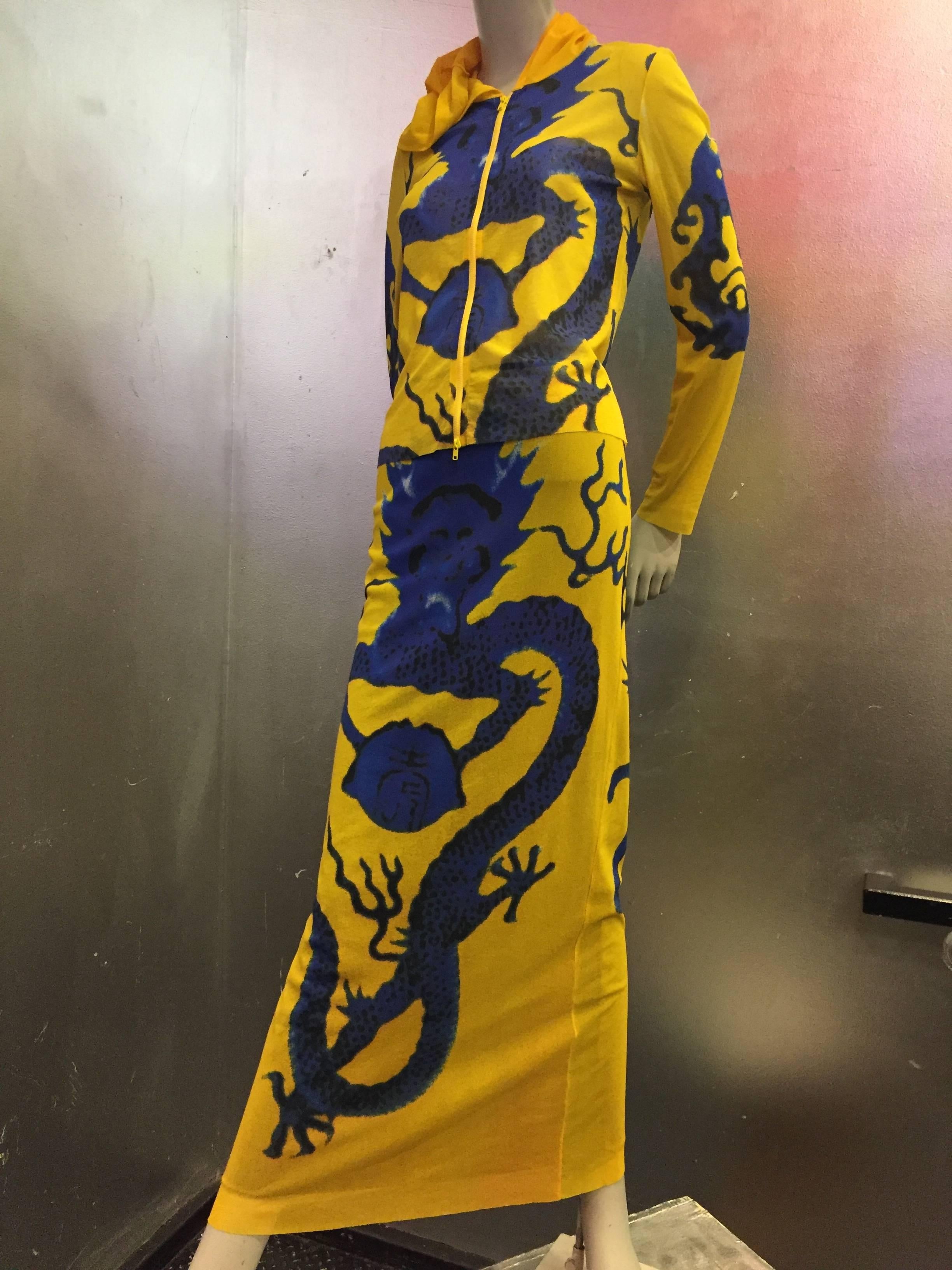 Vivienne Tam Yellow Printed Mesh Dragon Ensemble  In Excellent Condition In Gresham, OR