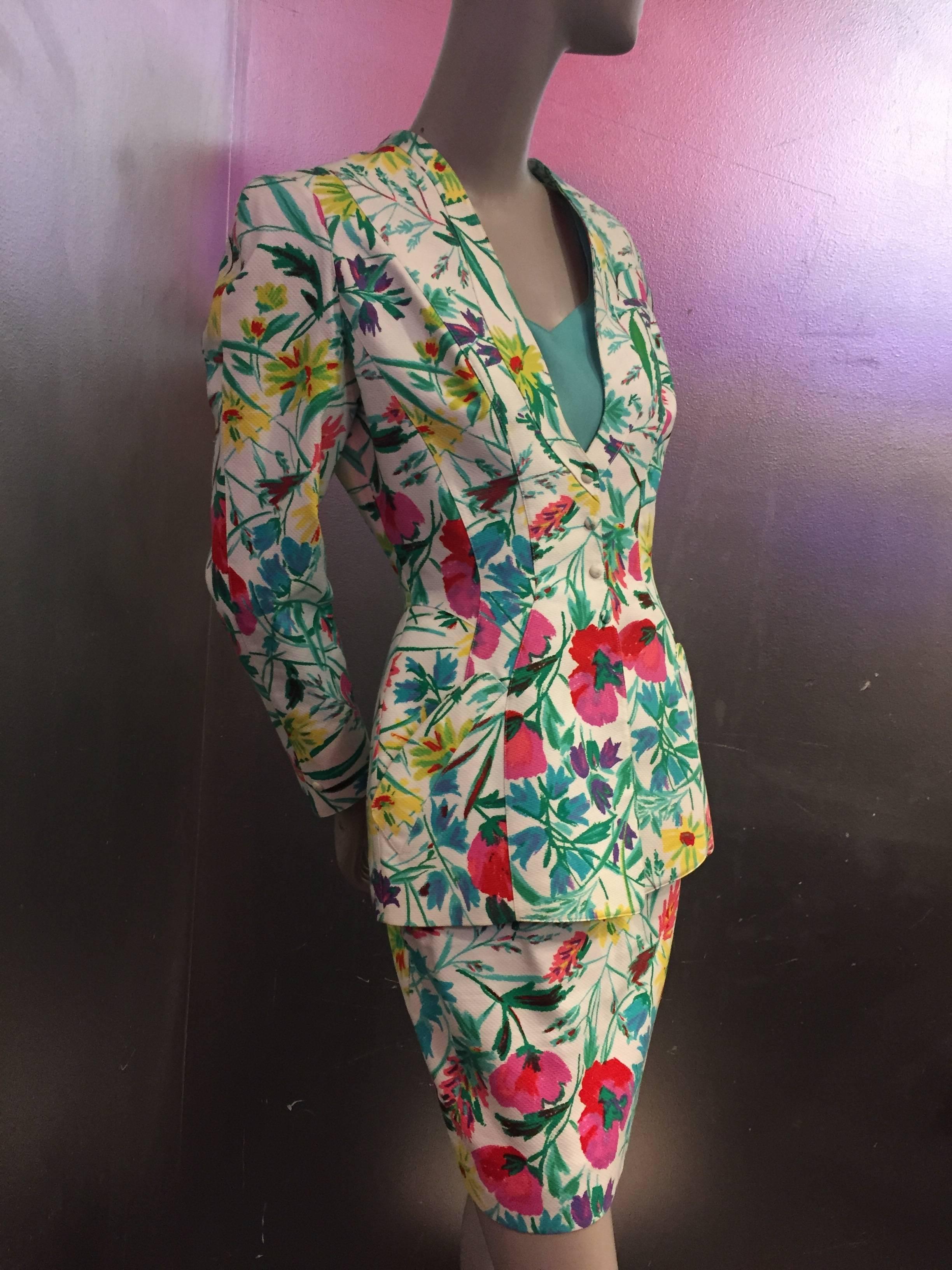 1980s Thierry Mugler 3-Piece Floral Print Sculptured Mini Skirt Suit w Blouse In Excellent Condition In Gresham, OR